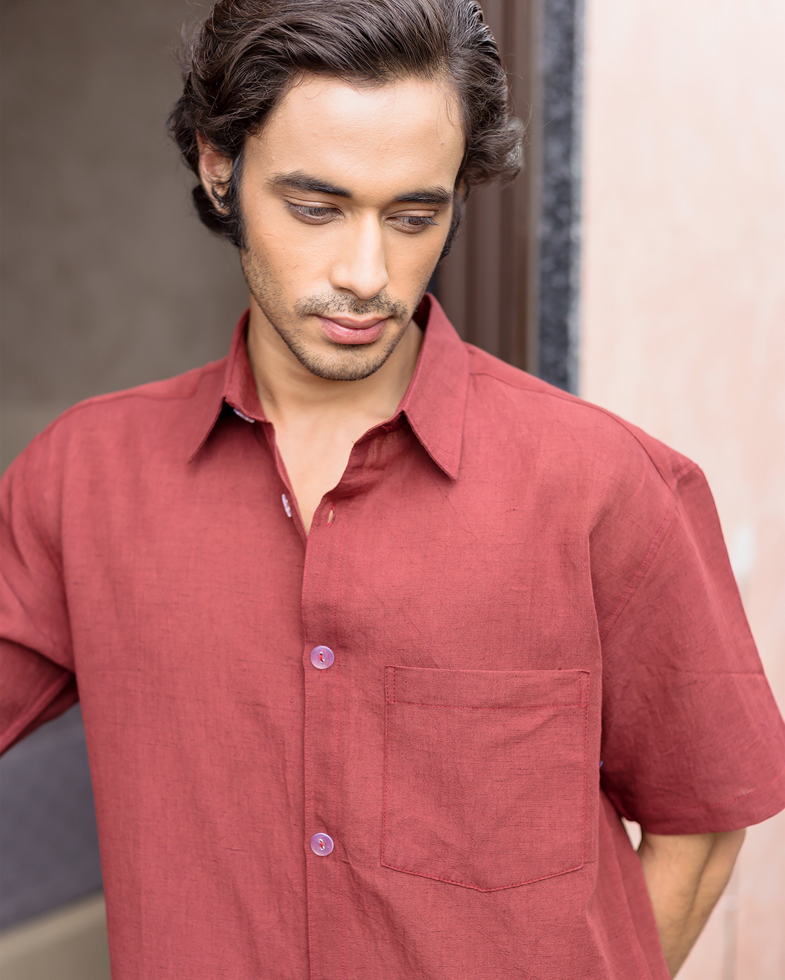 Vale Rust Red Linen Solid Shirt