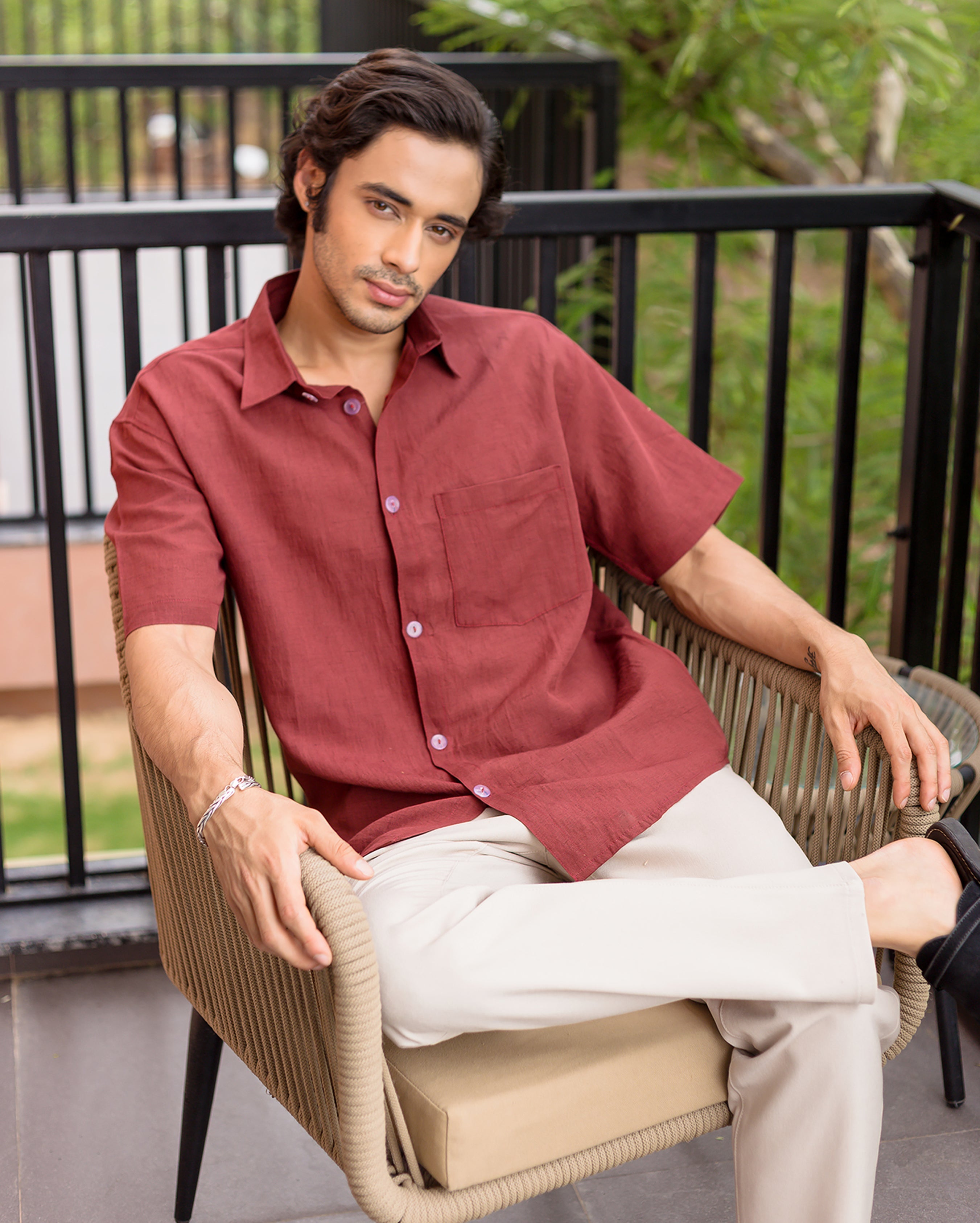 Vale Rust Red Linen Solid Shirt
