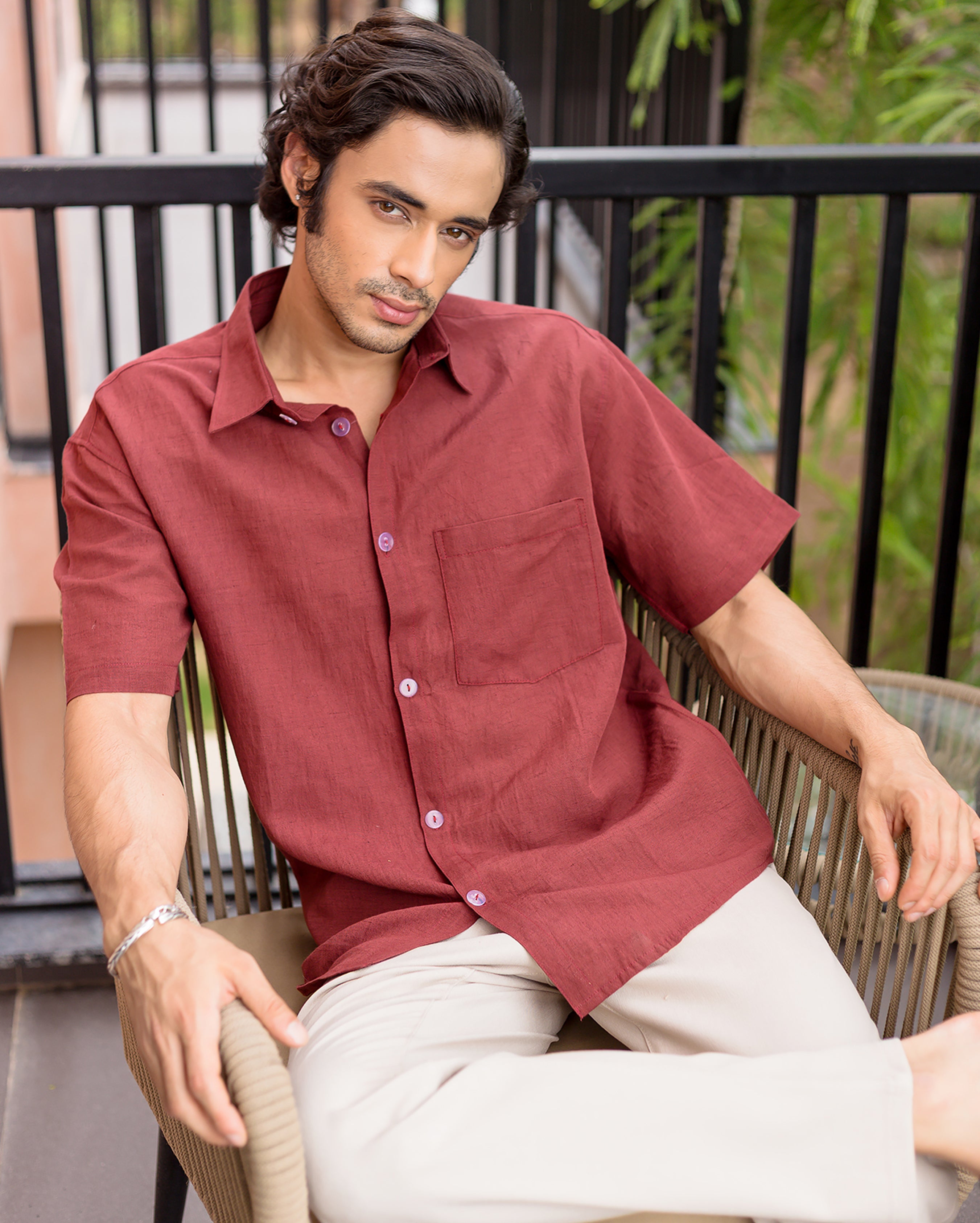 Vale Rust Red Linen Solid Shirt