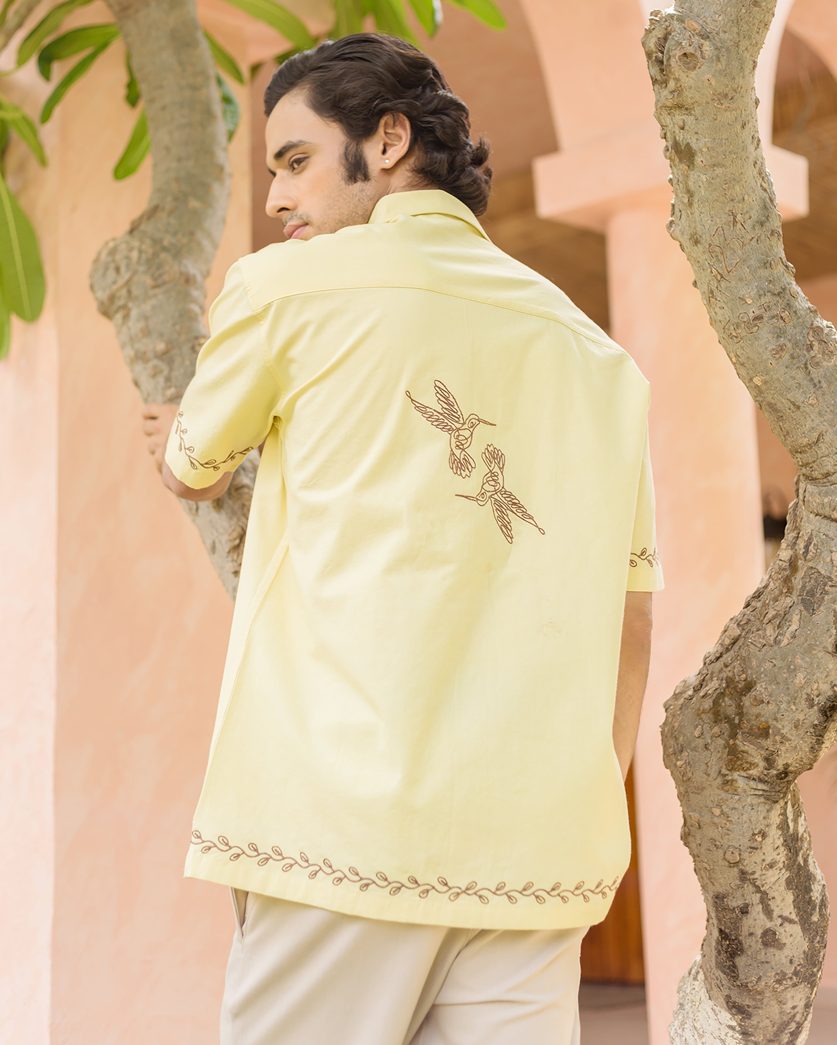 Doff Yellow Embroidered Cotton Shirt