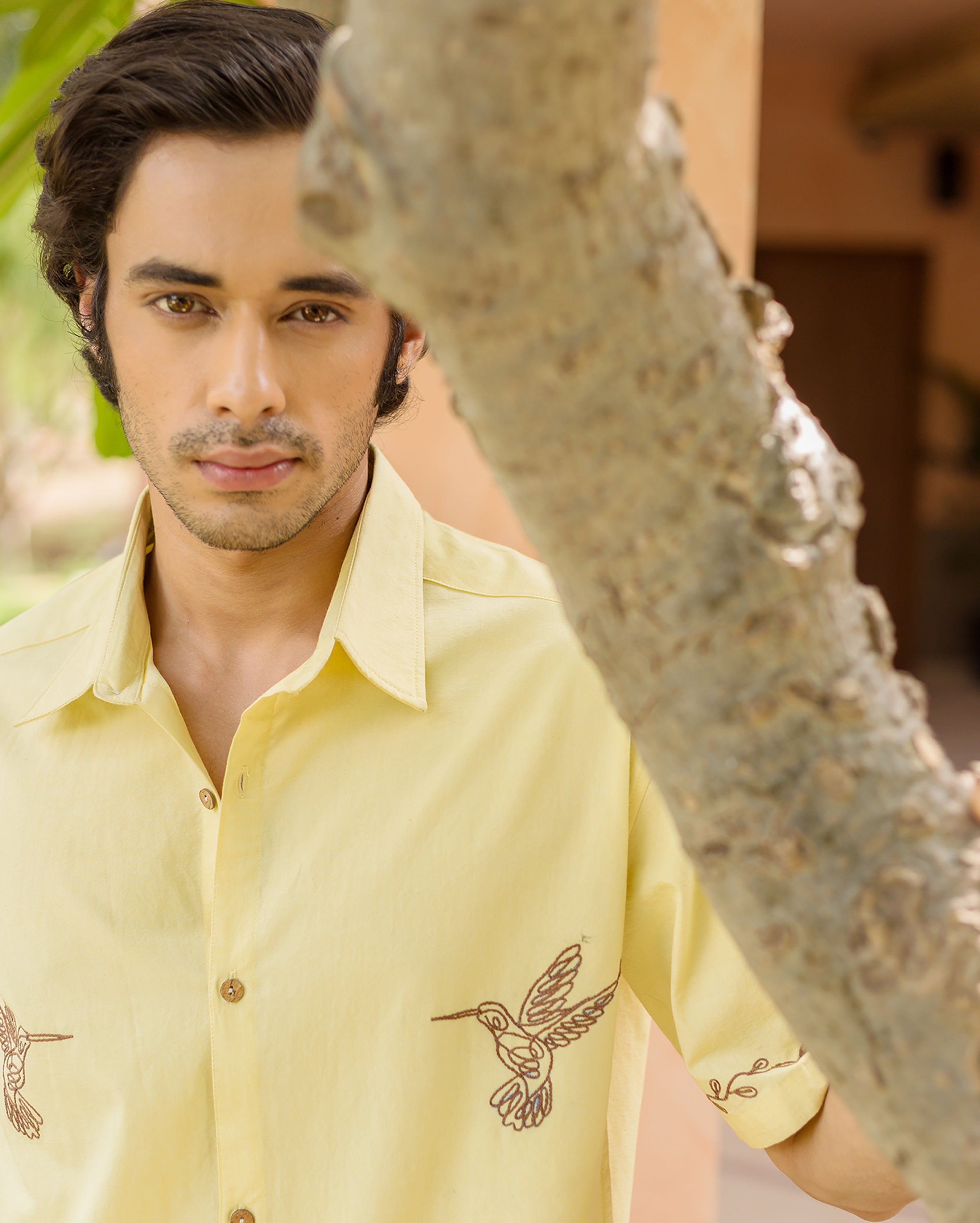 Doff Yellow Embroidered Cotton Shirt