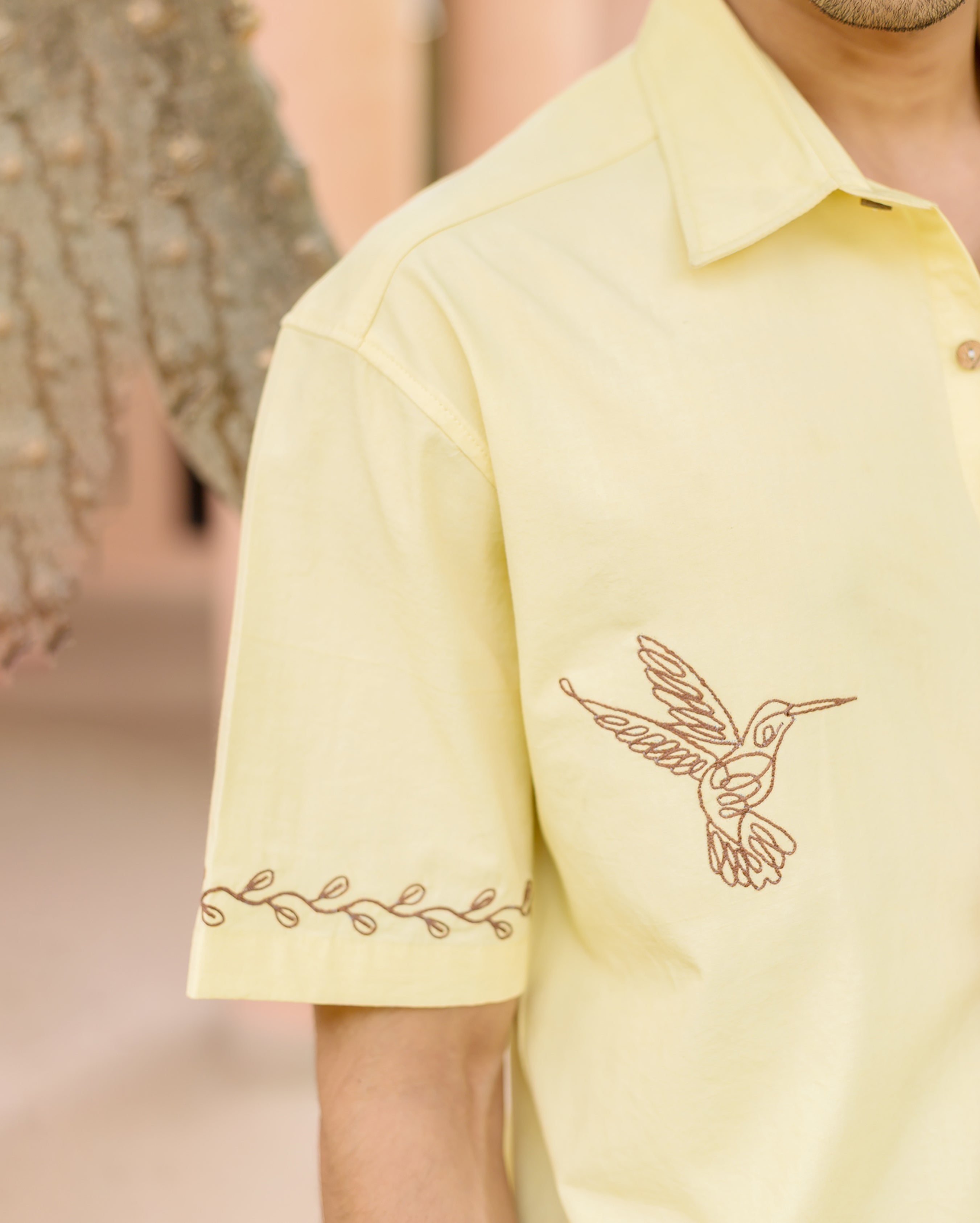 Doff Yellow Embroidered Cotton Shirt