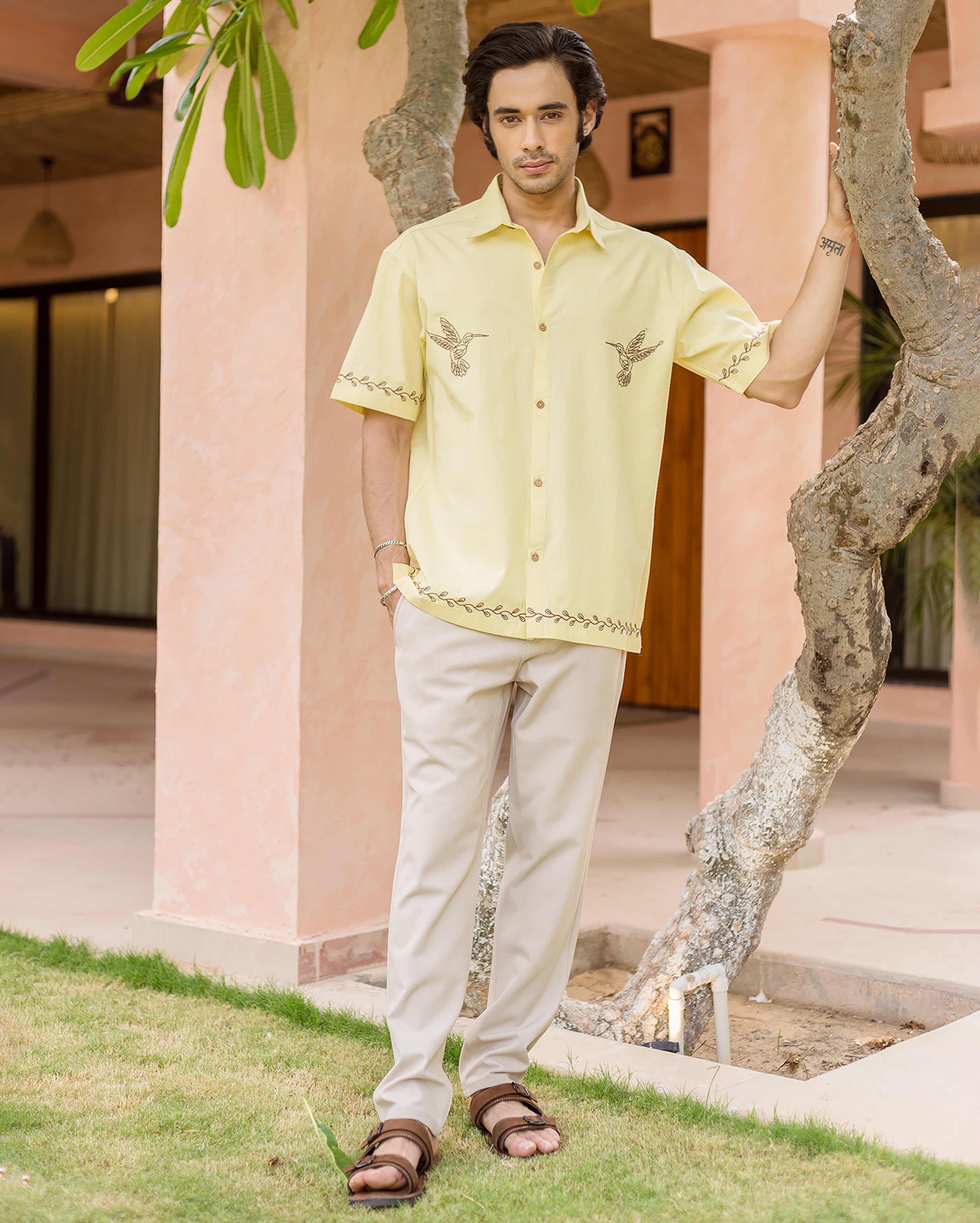 Doff Yellow Embroidered Cotton Shirt