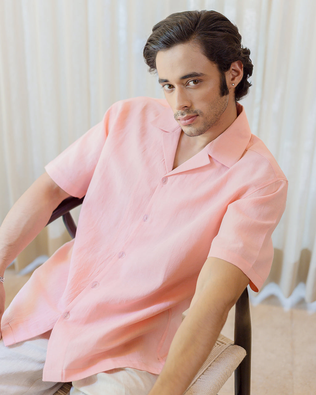Coral Almond Peach Linen Solid Shirt