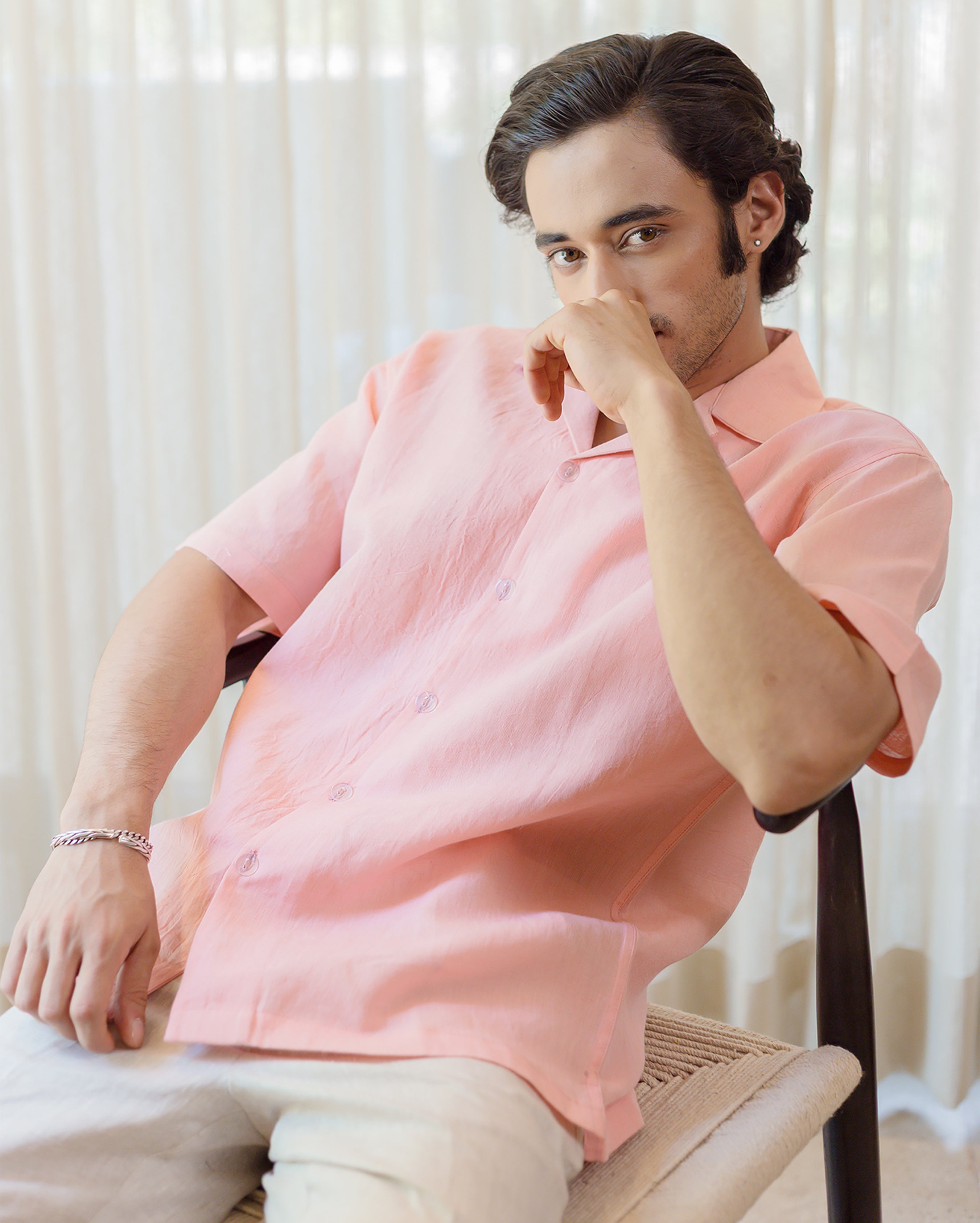 Coral Almond Peach Linen Solid Shirt