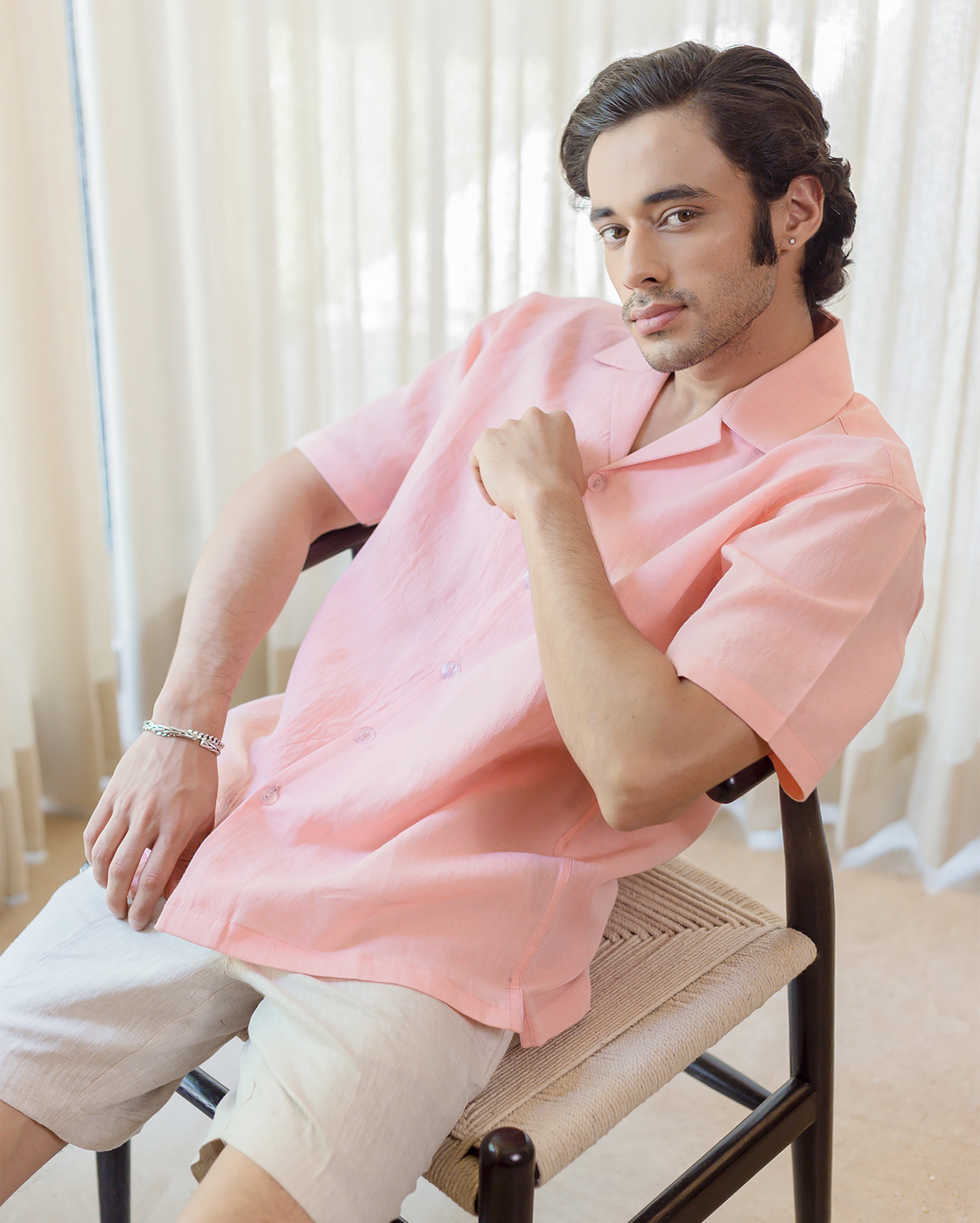 Coral Almond Peach Linen Solid Shirt