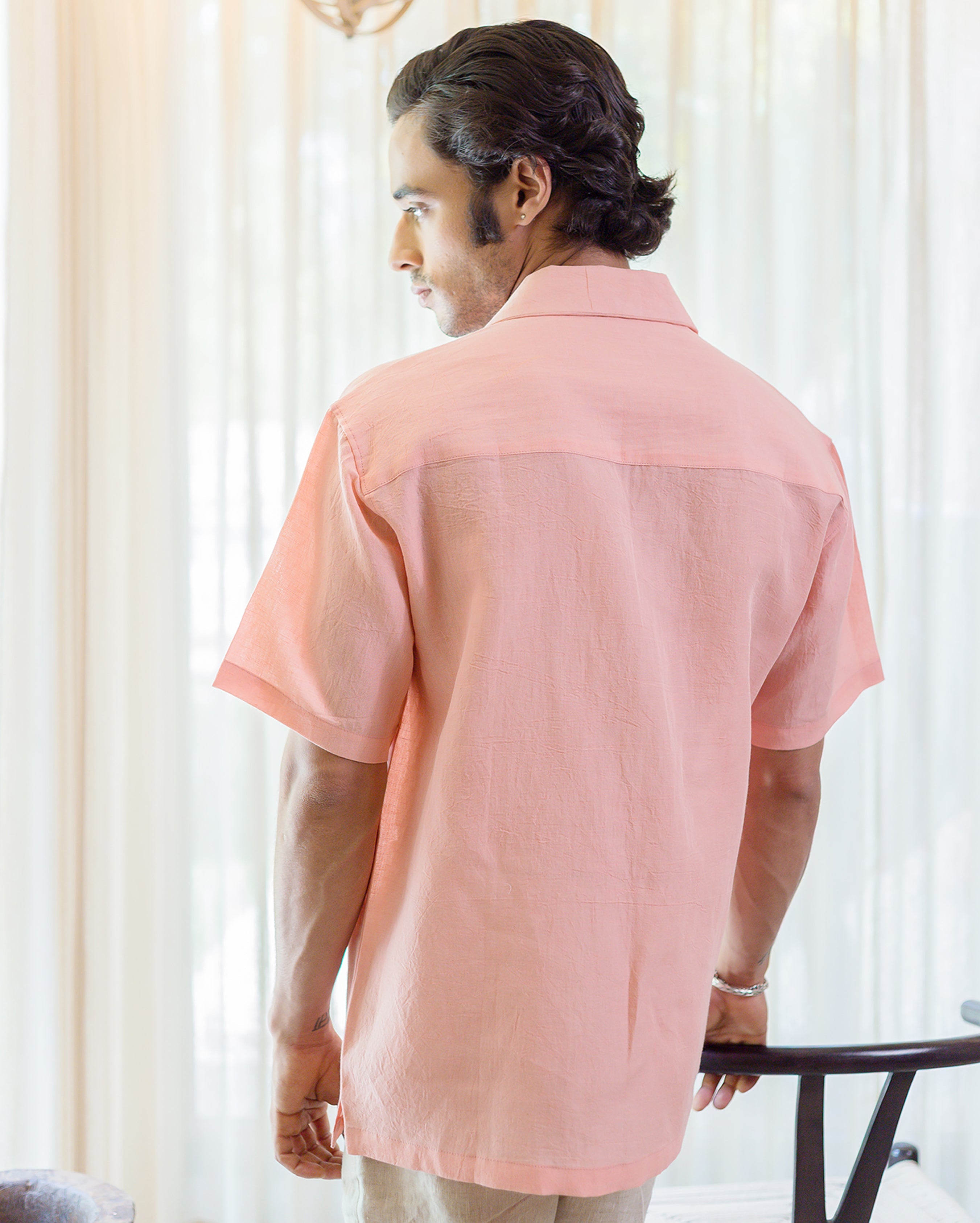 Coral Almond Peach Linen Solid Shirt