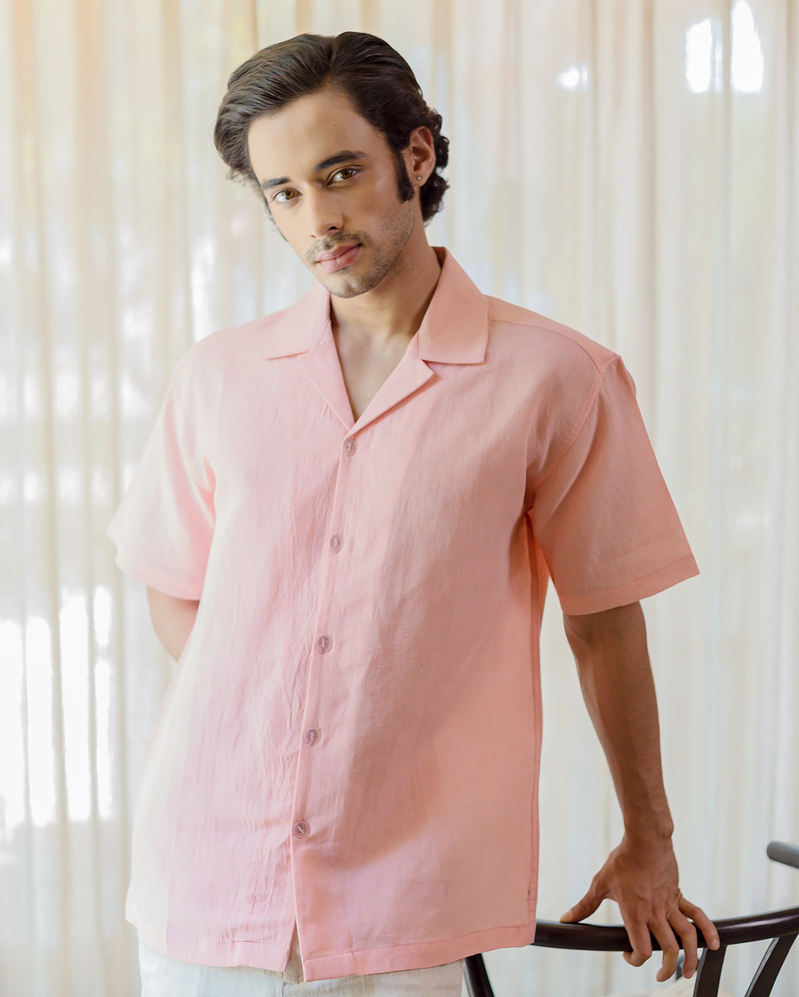 Coral Almond Peach Linen Solid Shirt