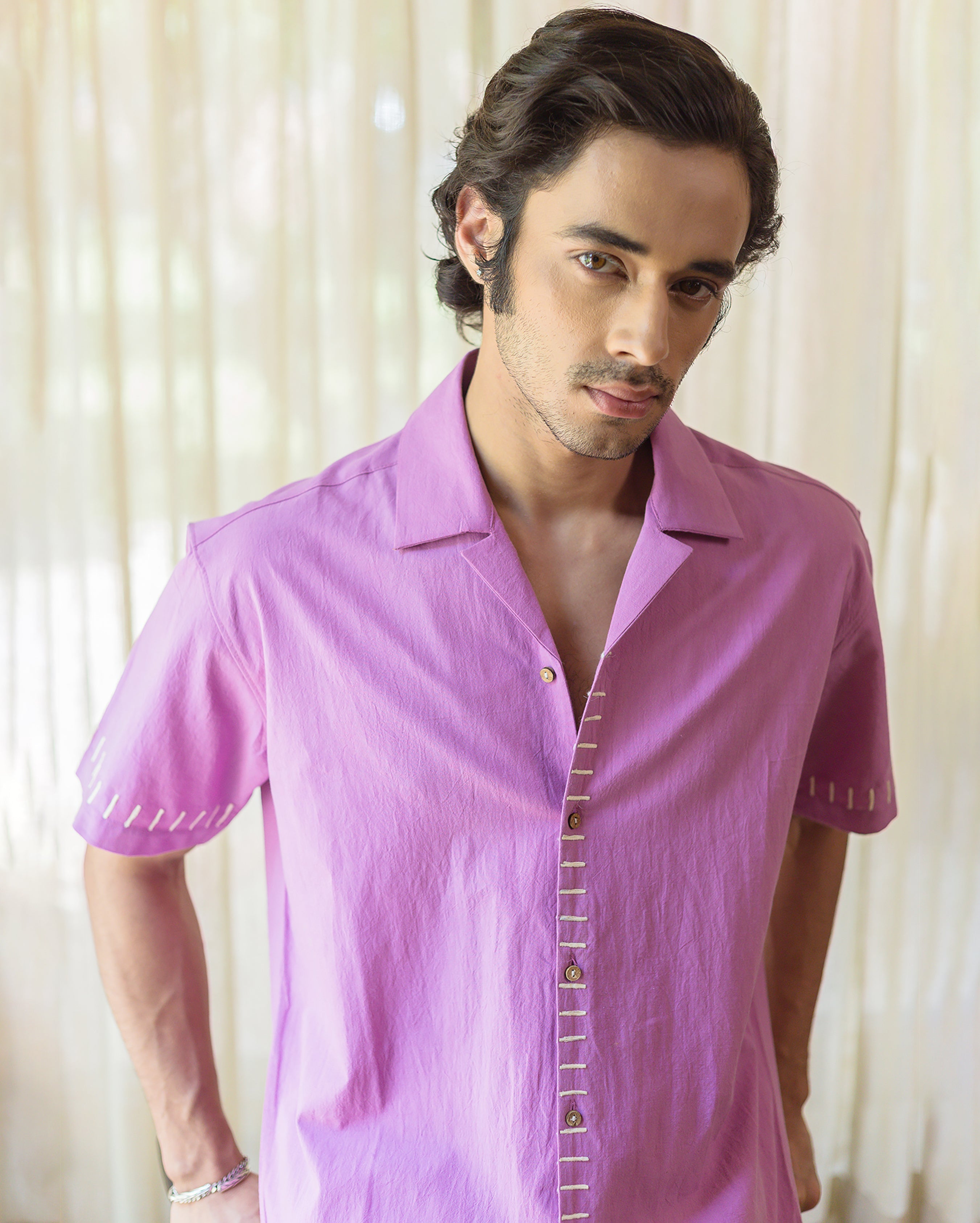 Aven Purple Embroidered Slub Shirt