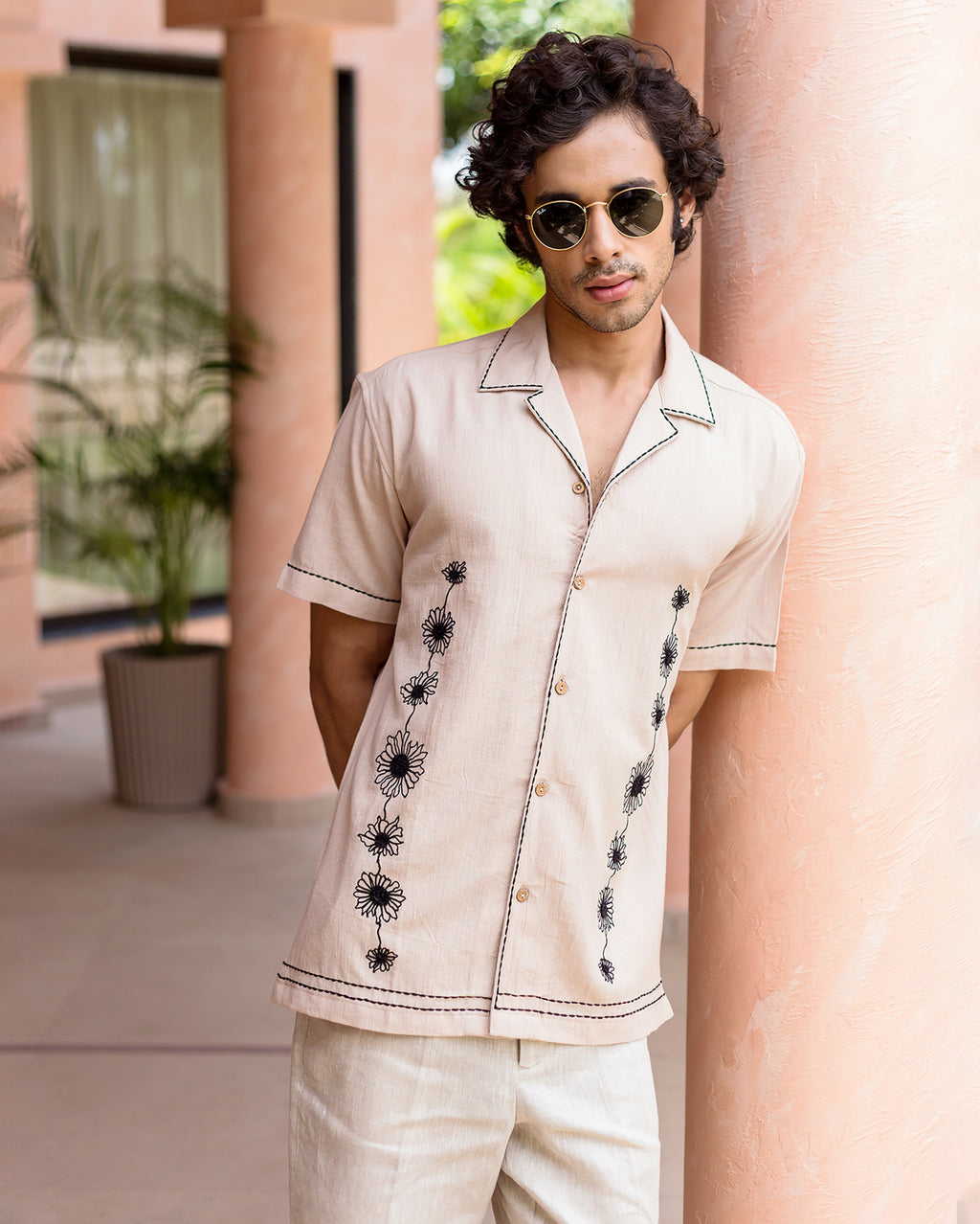 Eden Beige Embroidered SlubShirt