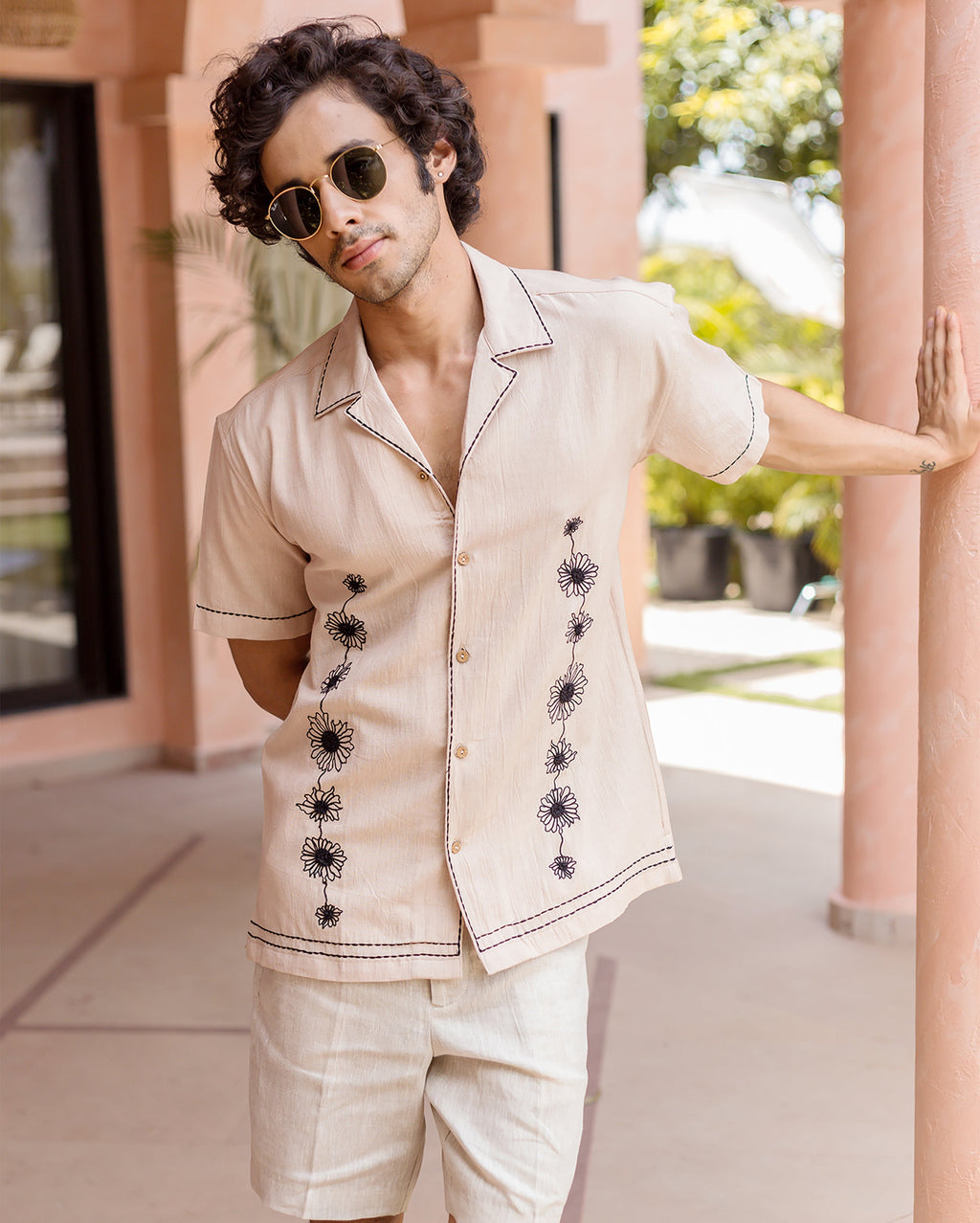 Eden Beige Embroidered SlubShirt