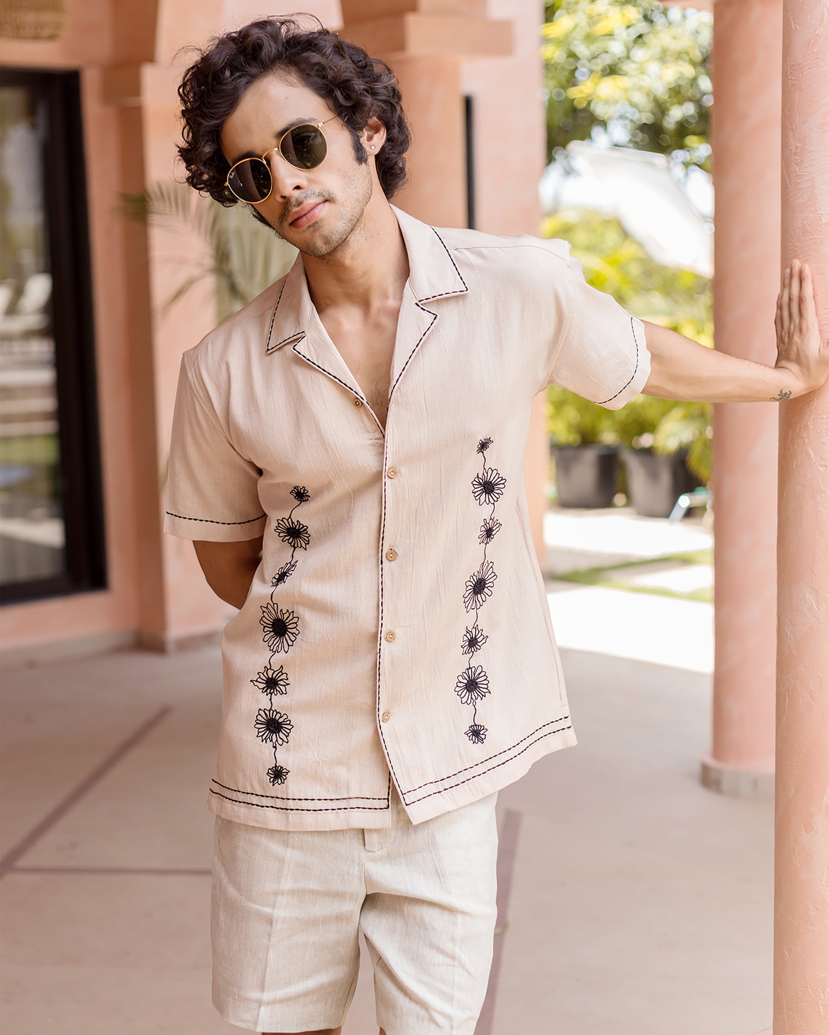 Eden Beige Embroidered SlubShirt