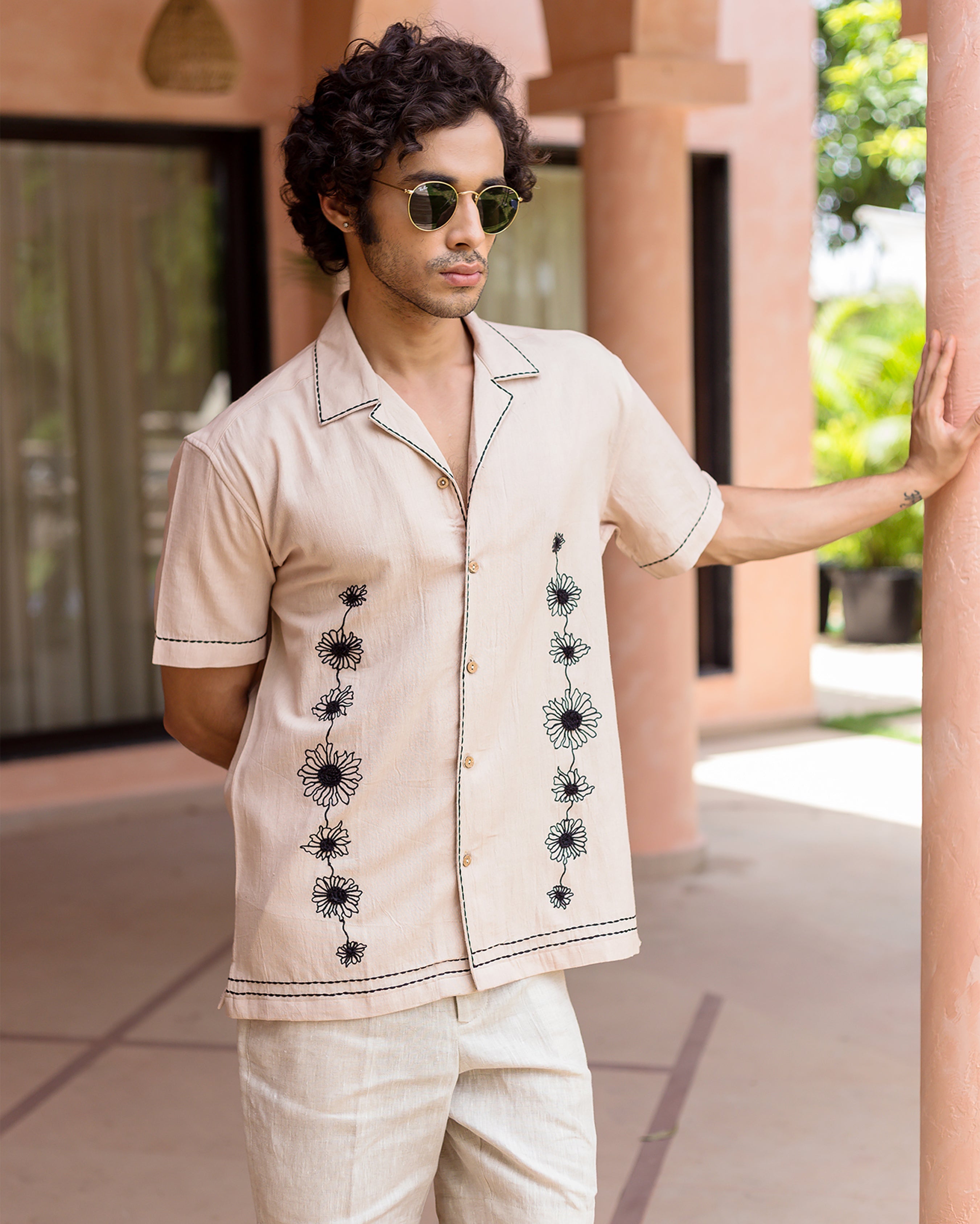 Eden Beige Embroidered SlubShirt