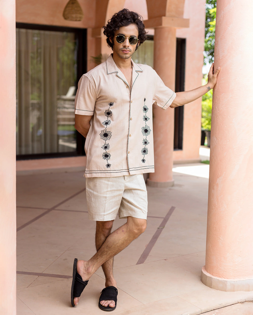 Eden Beige Embroidered SlubShirt