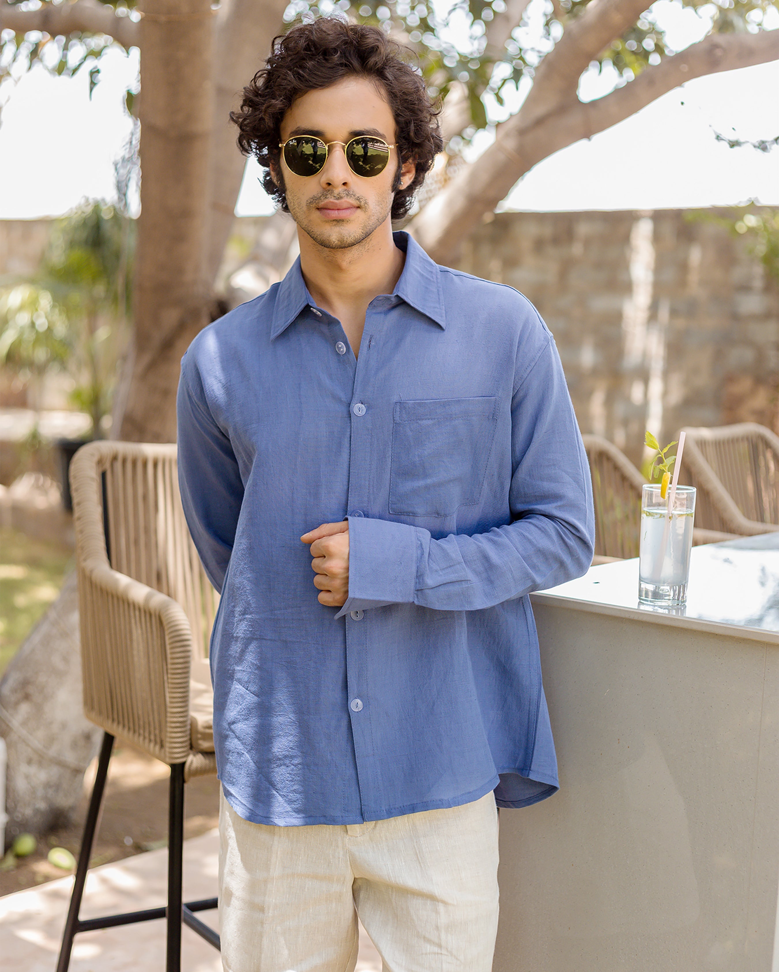 Ivy Blue Linen Solid Shirt
