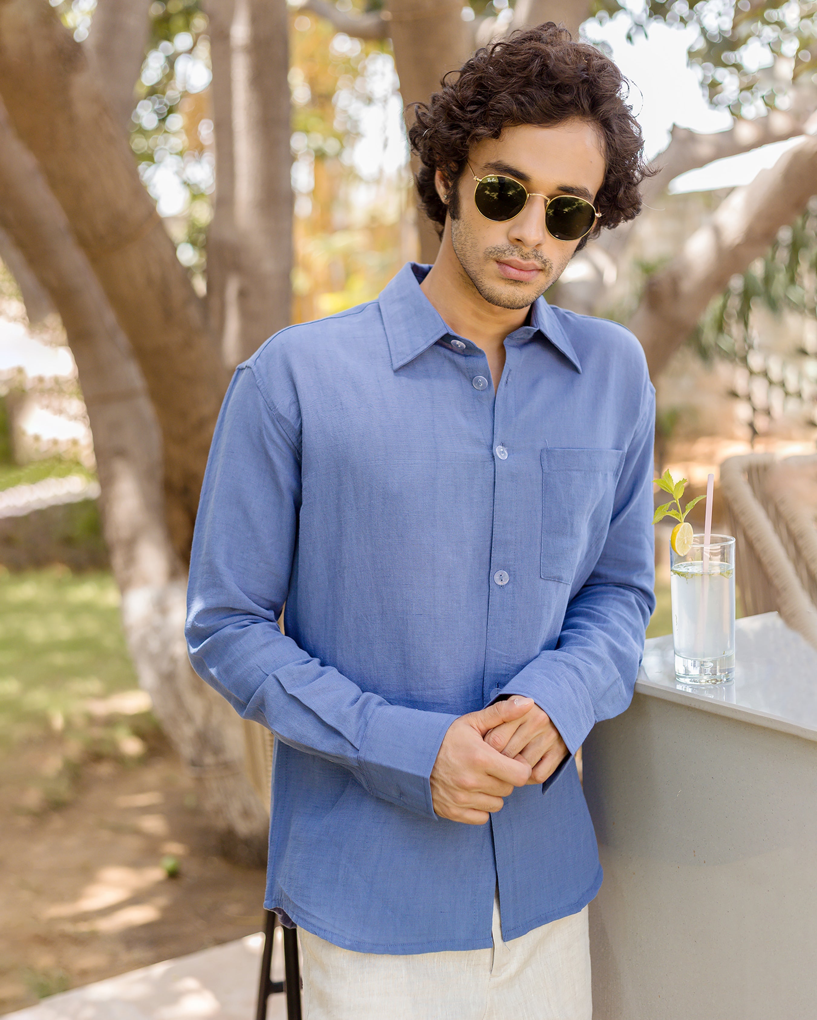 Ivy Blue Linen Solid Shirt