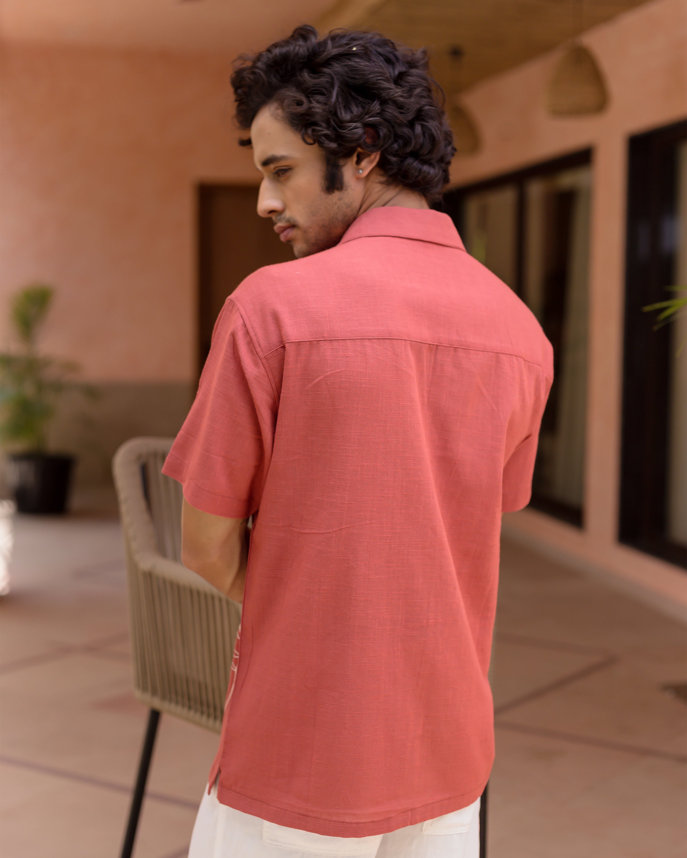 Brick Red Embroidered Slub Shirt