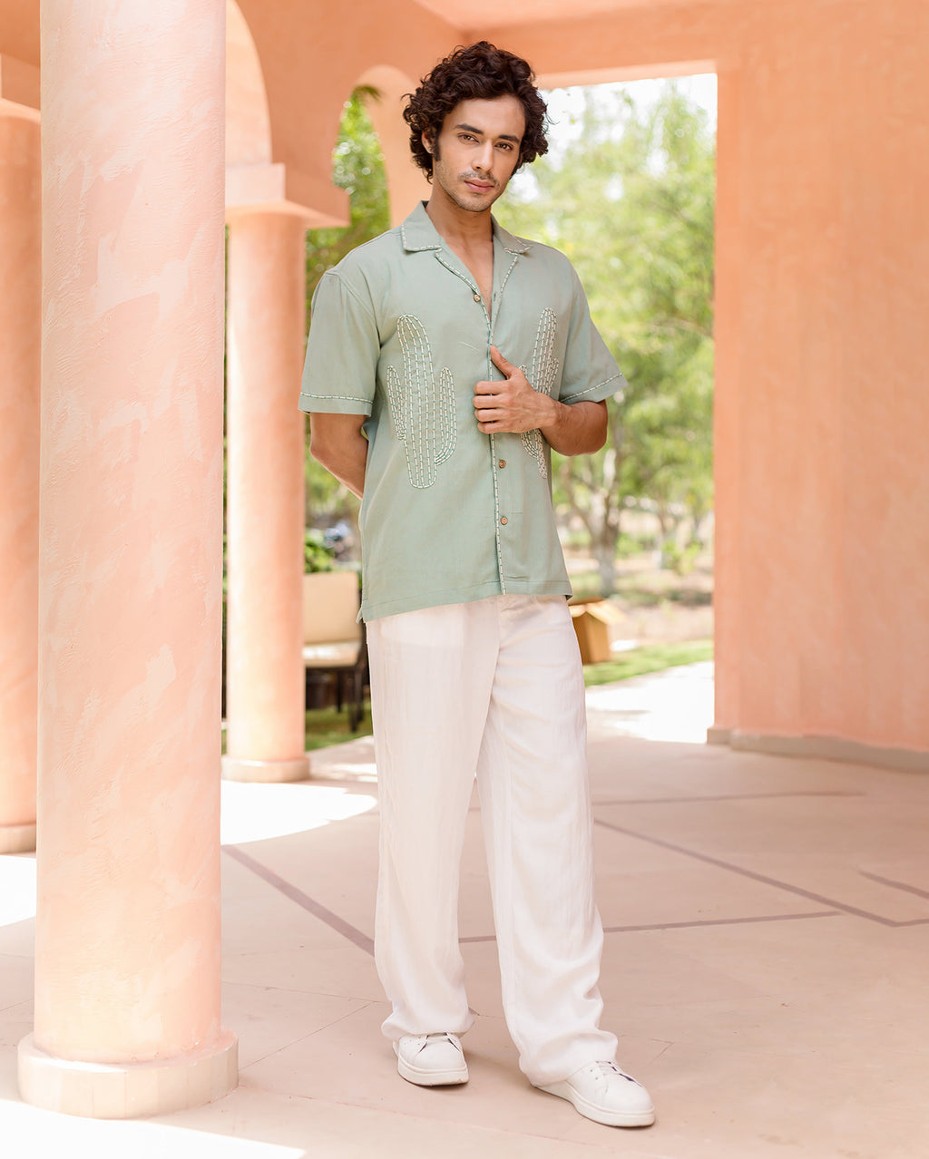 Kai Sage Green Embroidered Slub Shirt