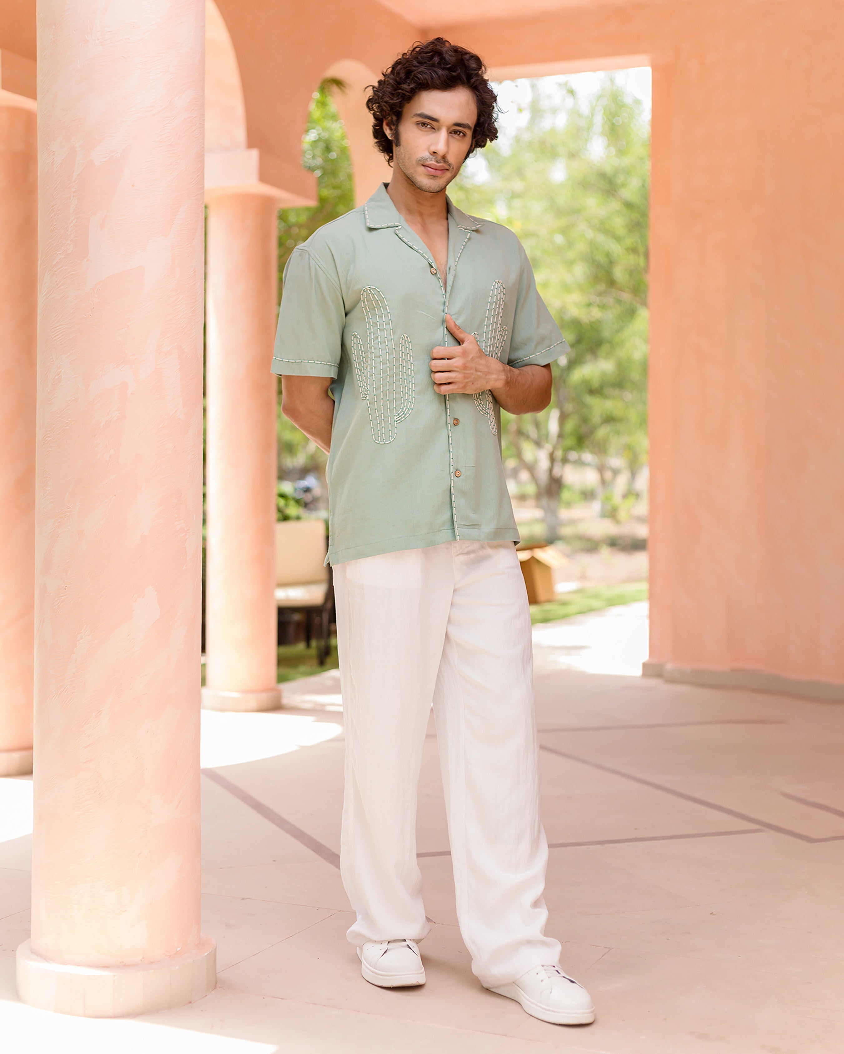 Kai Sage Green Embroidered Slub Shirt