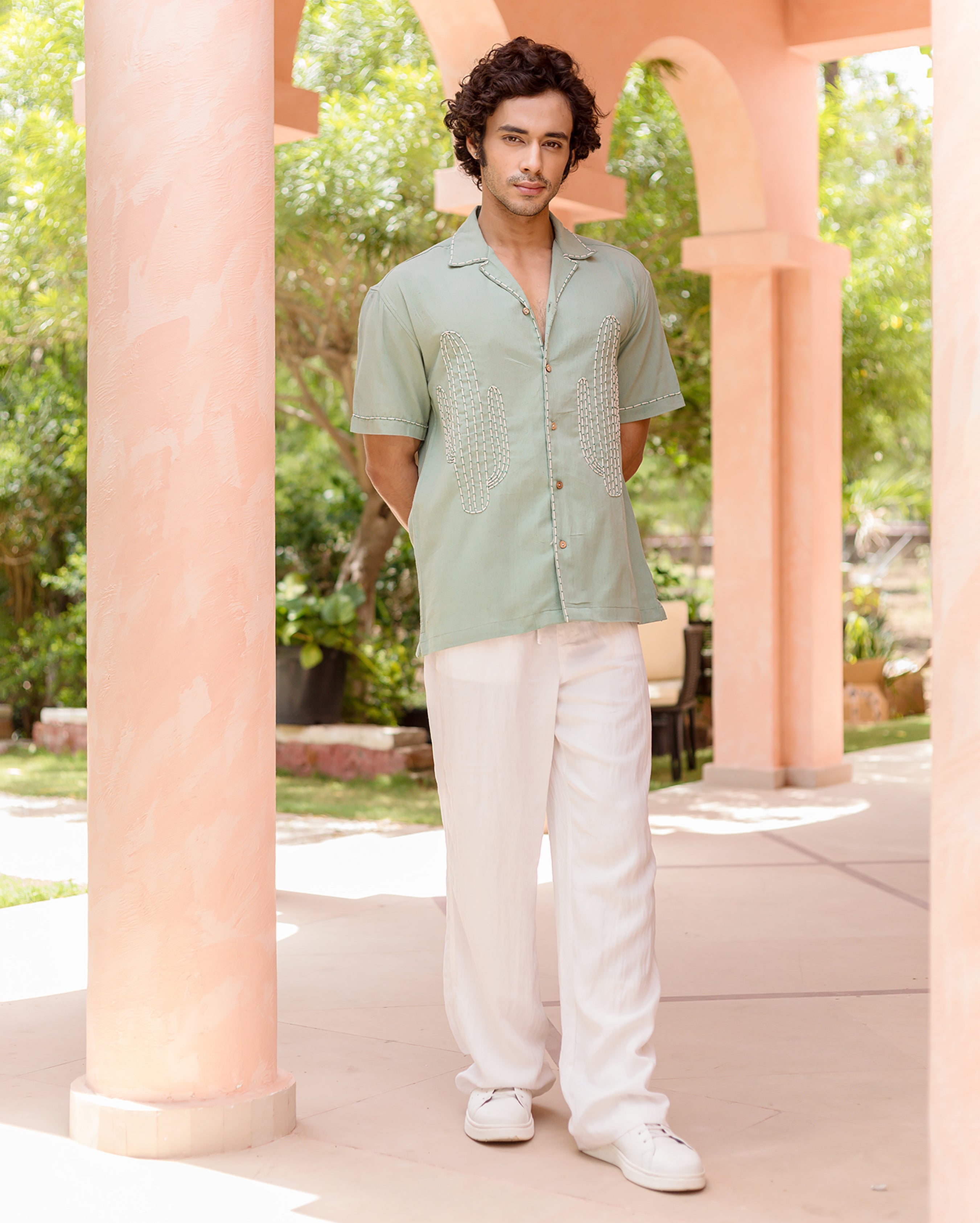Kai Sage Green Embroidered Slub Shirt