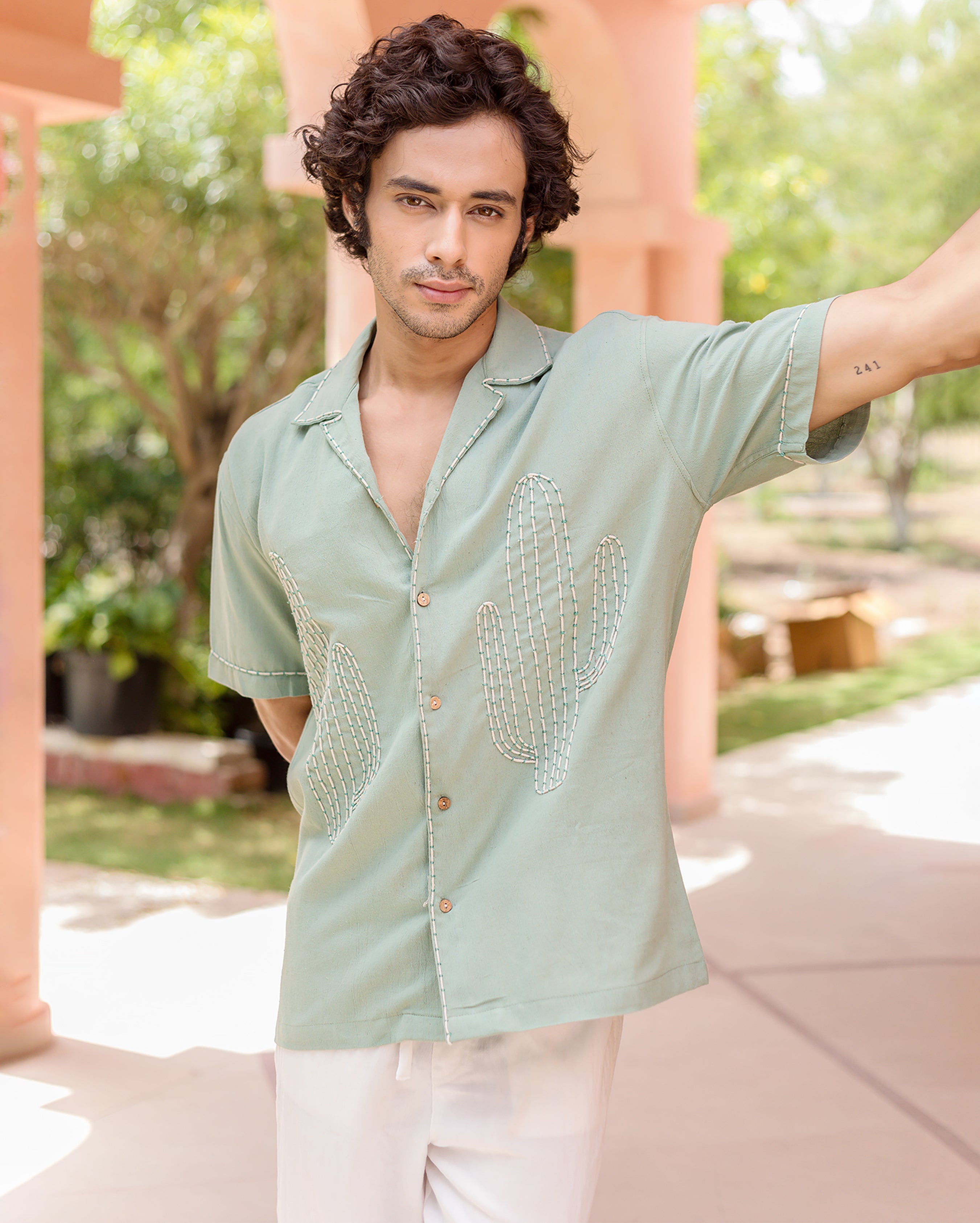 Kai Sage Green Embroidered Slub Shirt