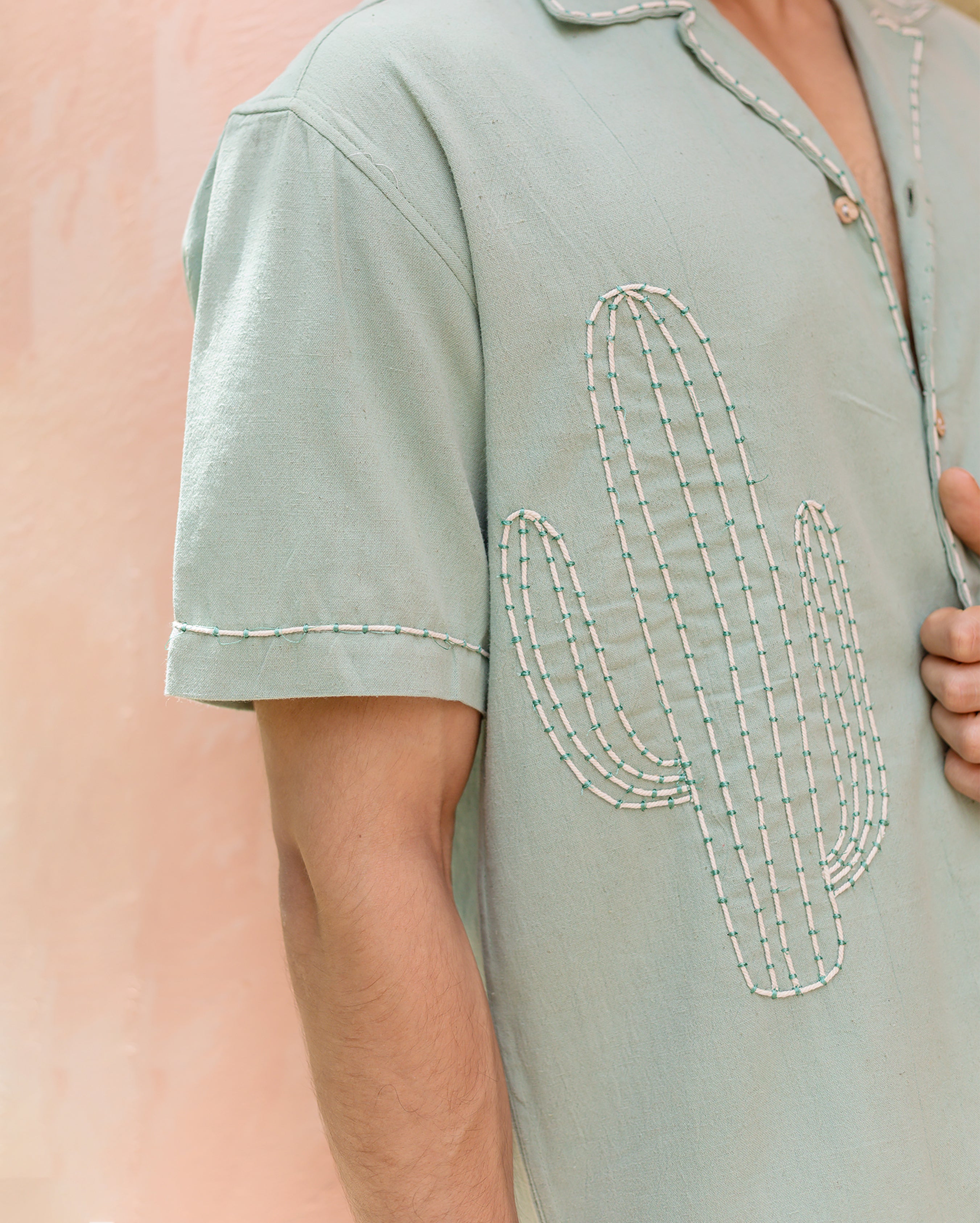 Kai Sage Green Embroidered Slub Shirt