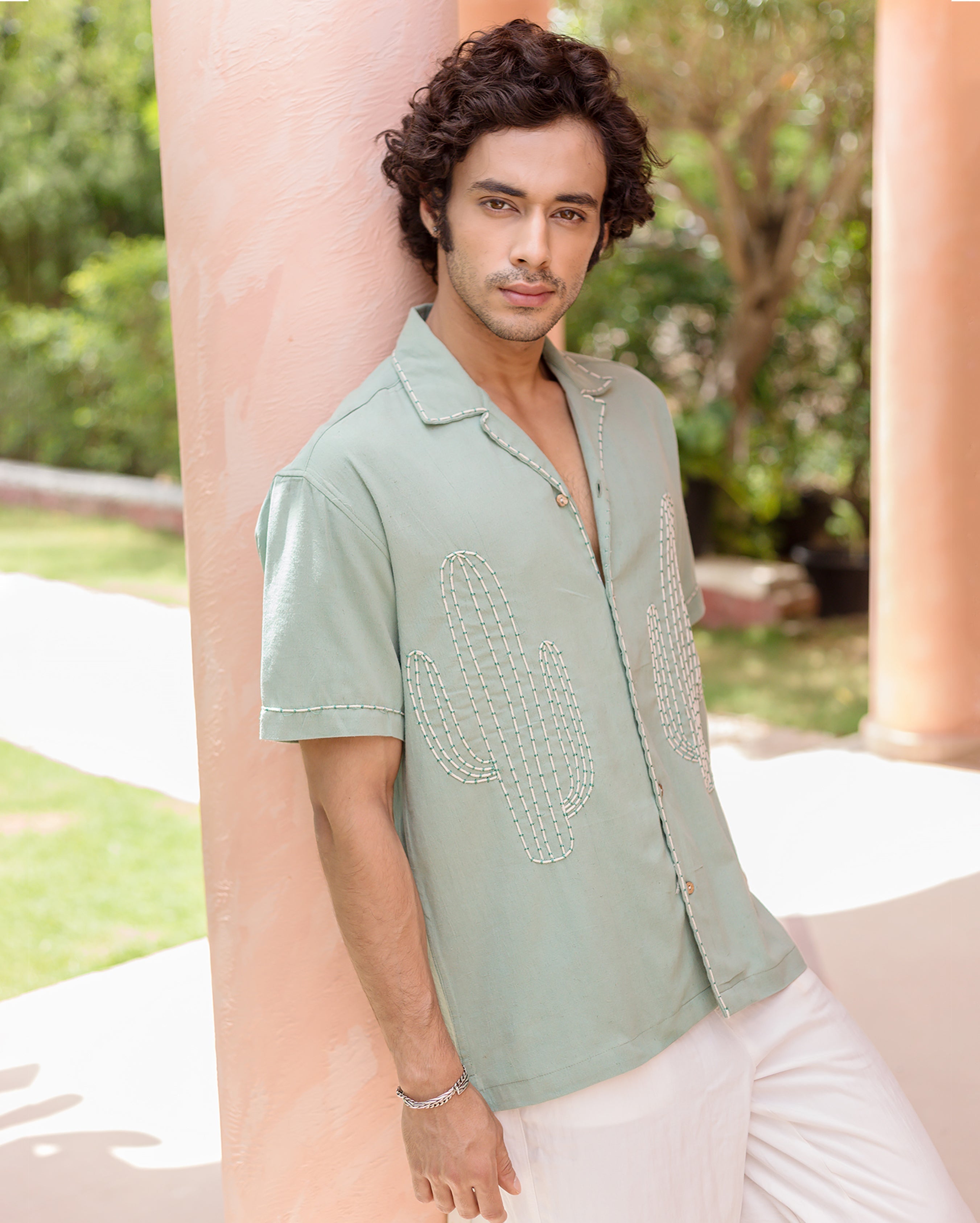 Kai Sage Green Embroidered Slub Shirt