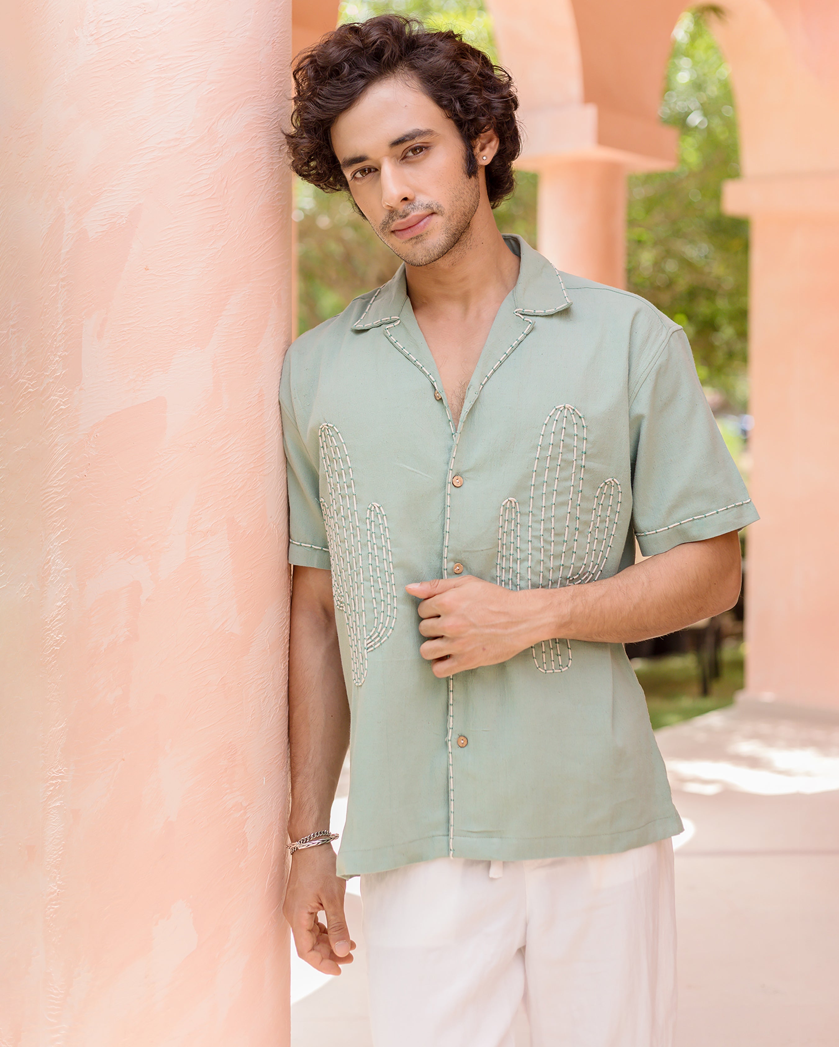 Kai Sage Green Embroidered Slub Shirt
