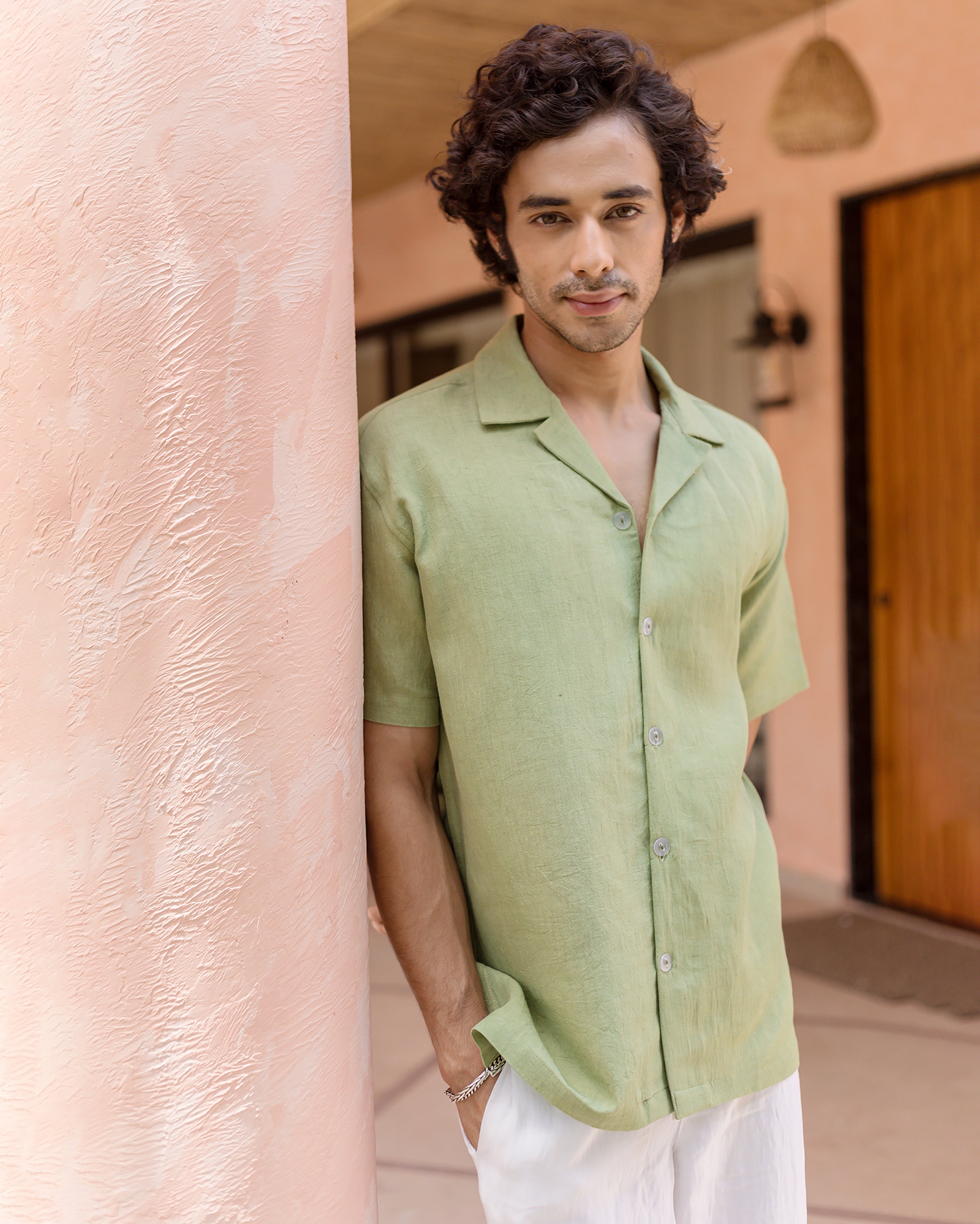 Marlo Pistachio Green Linen Solid Shirt