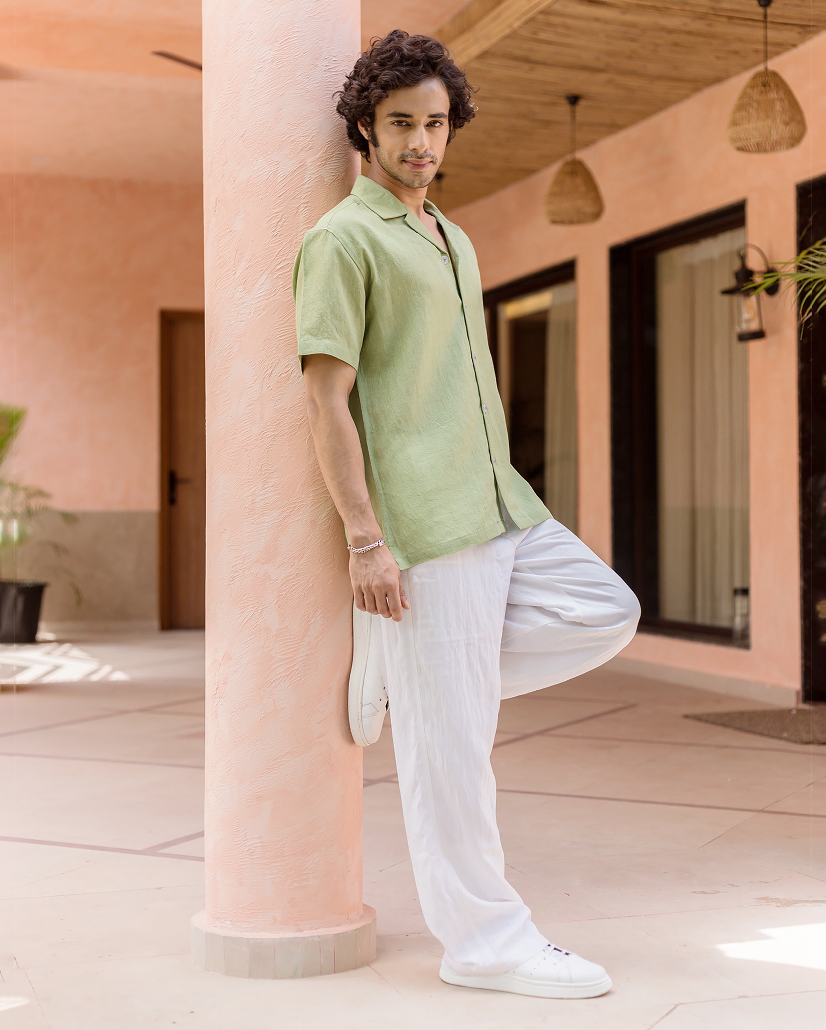 Marlo Pistachio Green Linen Solid Shirt