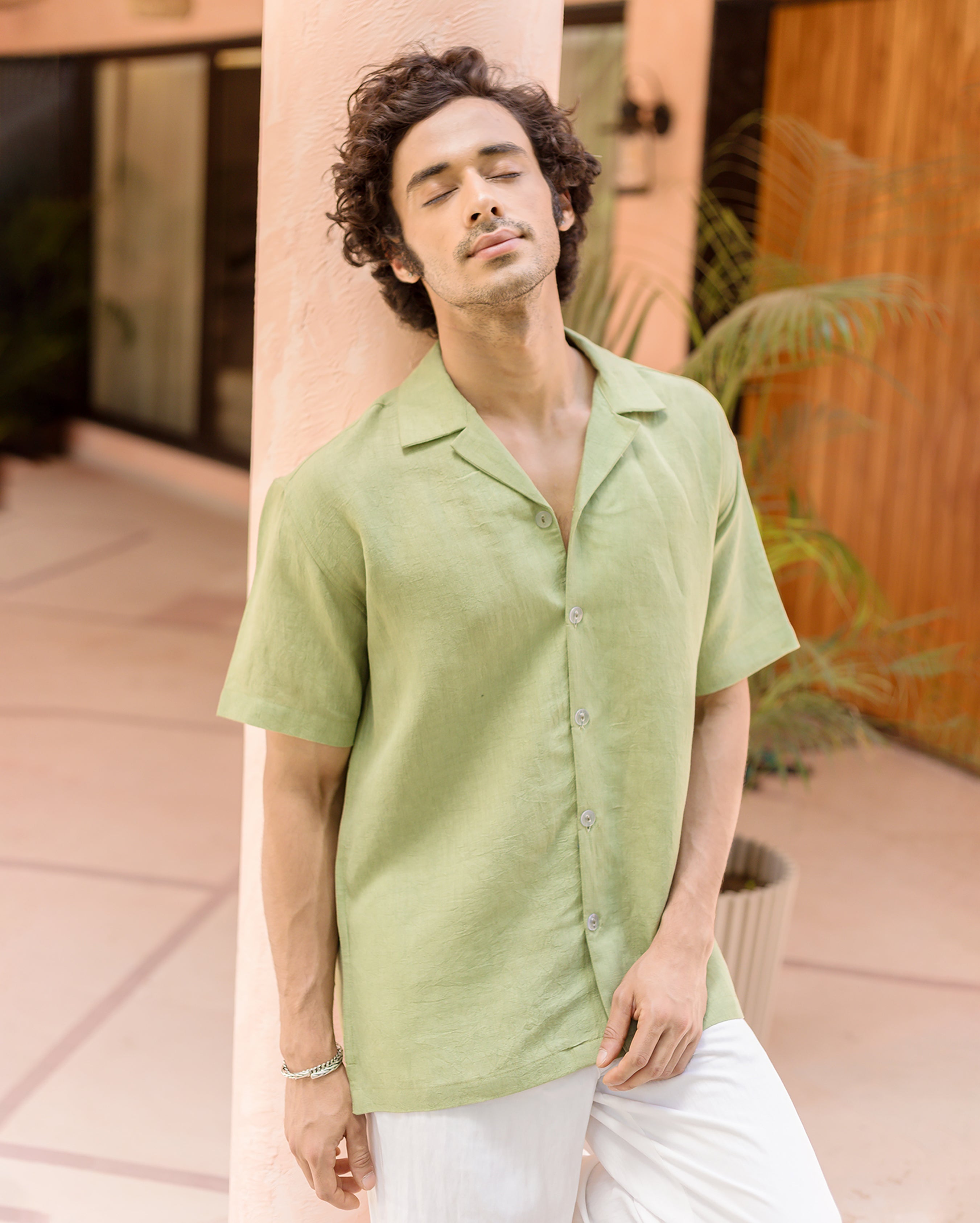 Marlo Pistachio Green Linen Solid Shirt