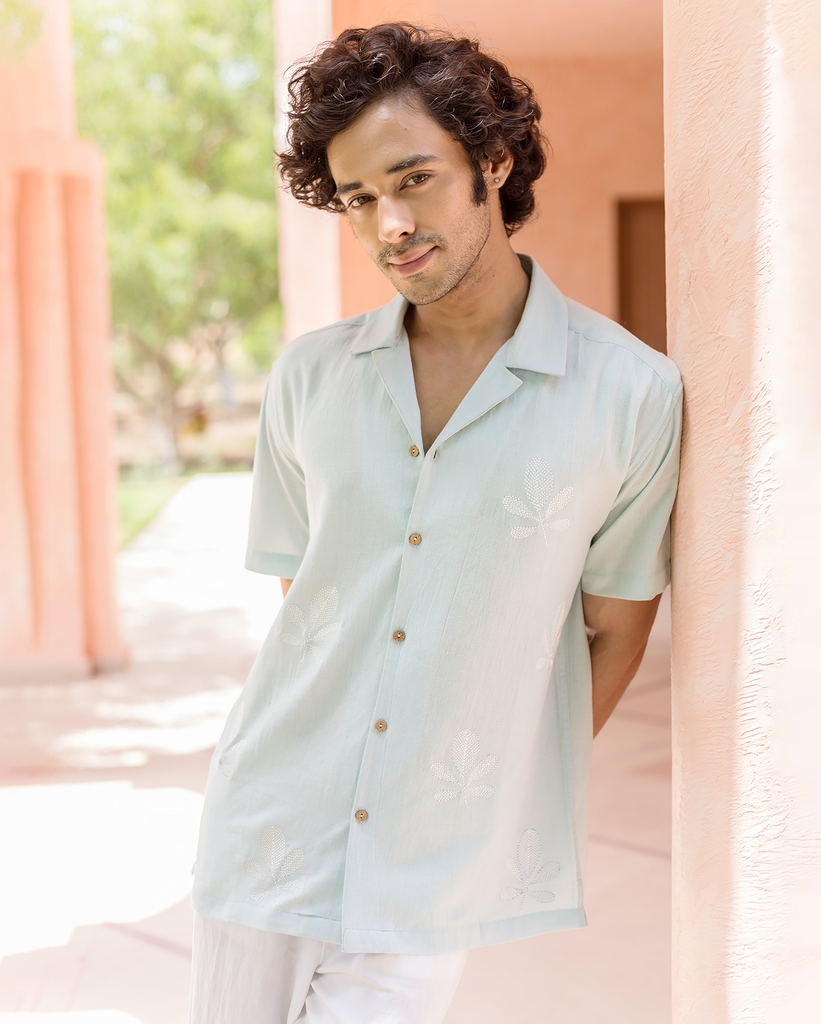 Niko Pastel Blue Embroidered Slub Shirt