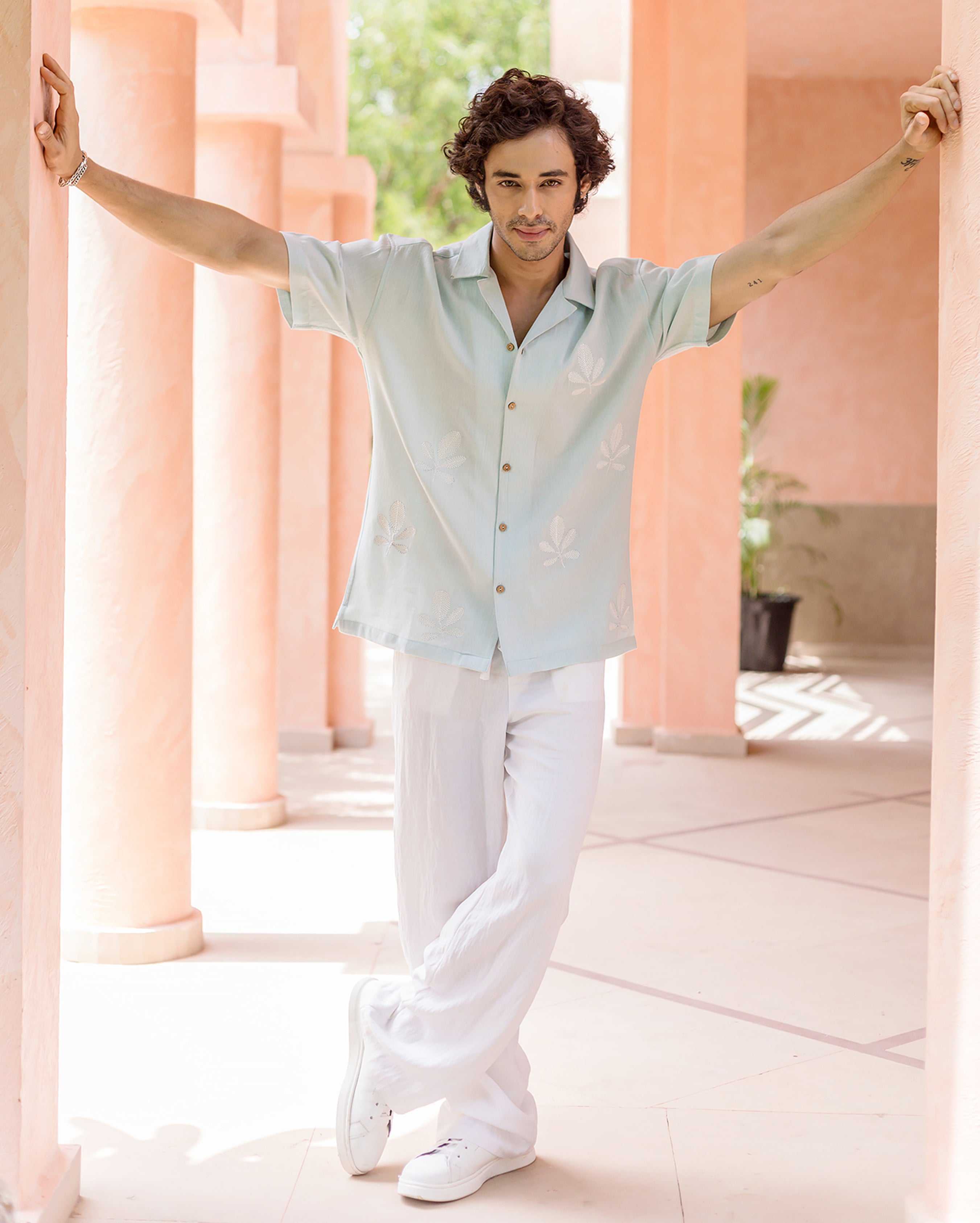 Niko Pastel Blue Embroidered Slub Shirt