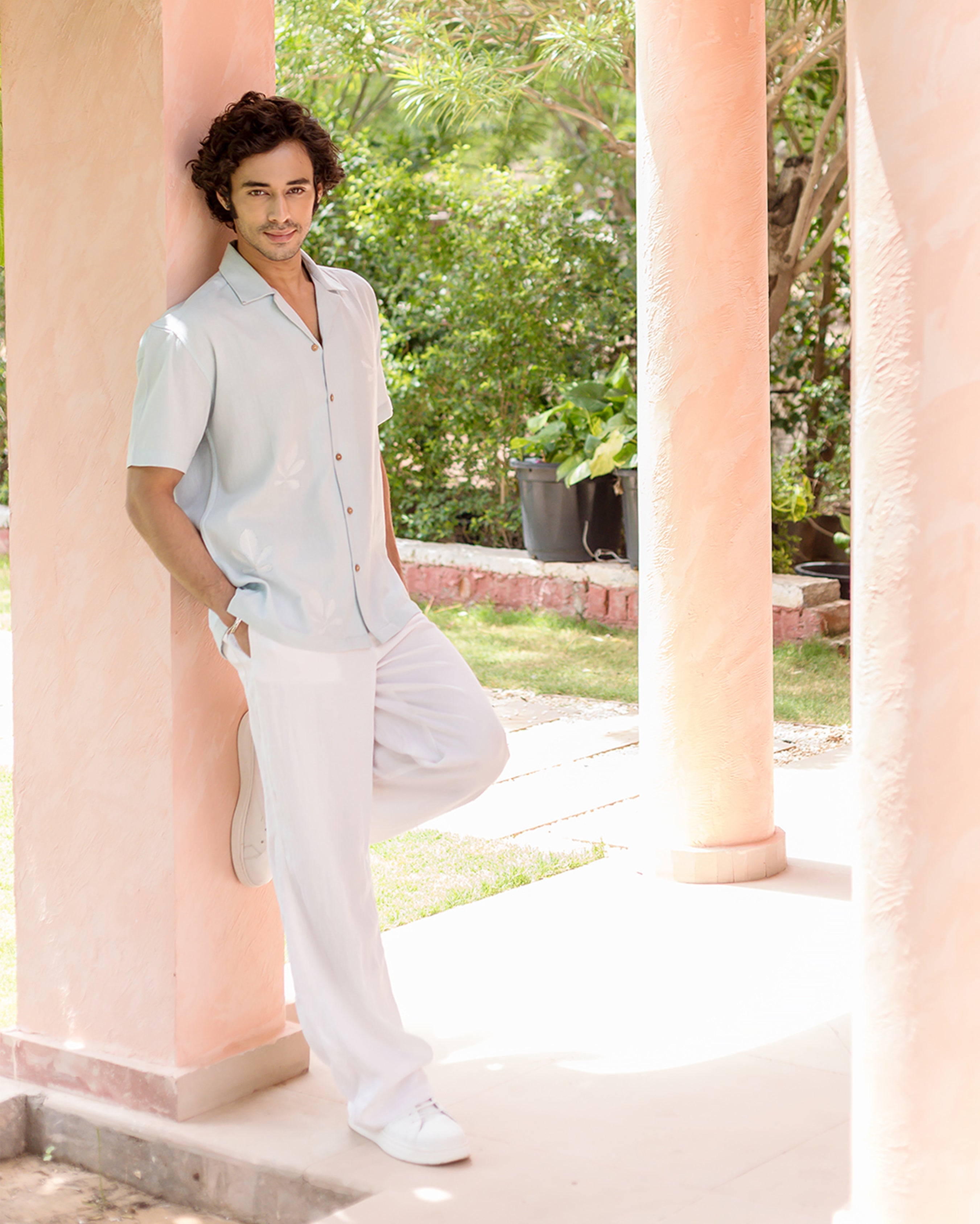 Niko Pastel Blue Embroidered Slub Shirt
