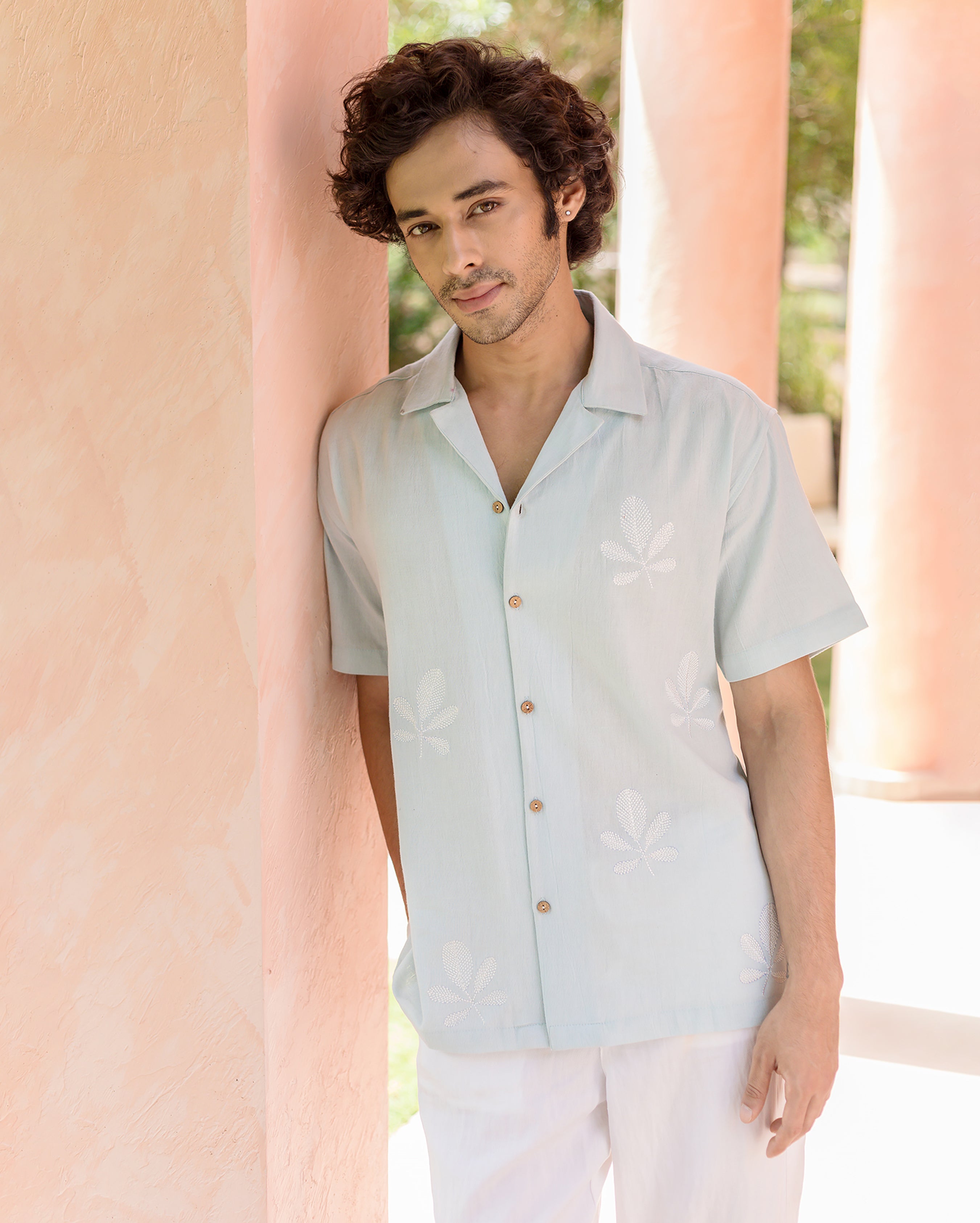 Niko Pastel Blue Embroidered Slub Shirt