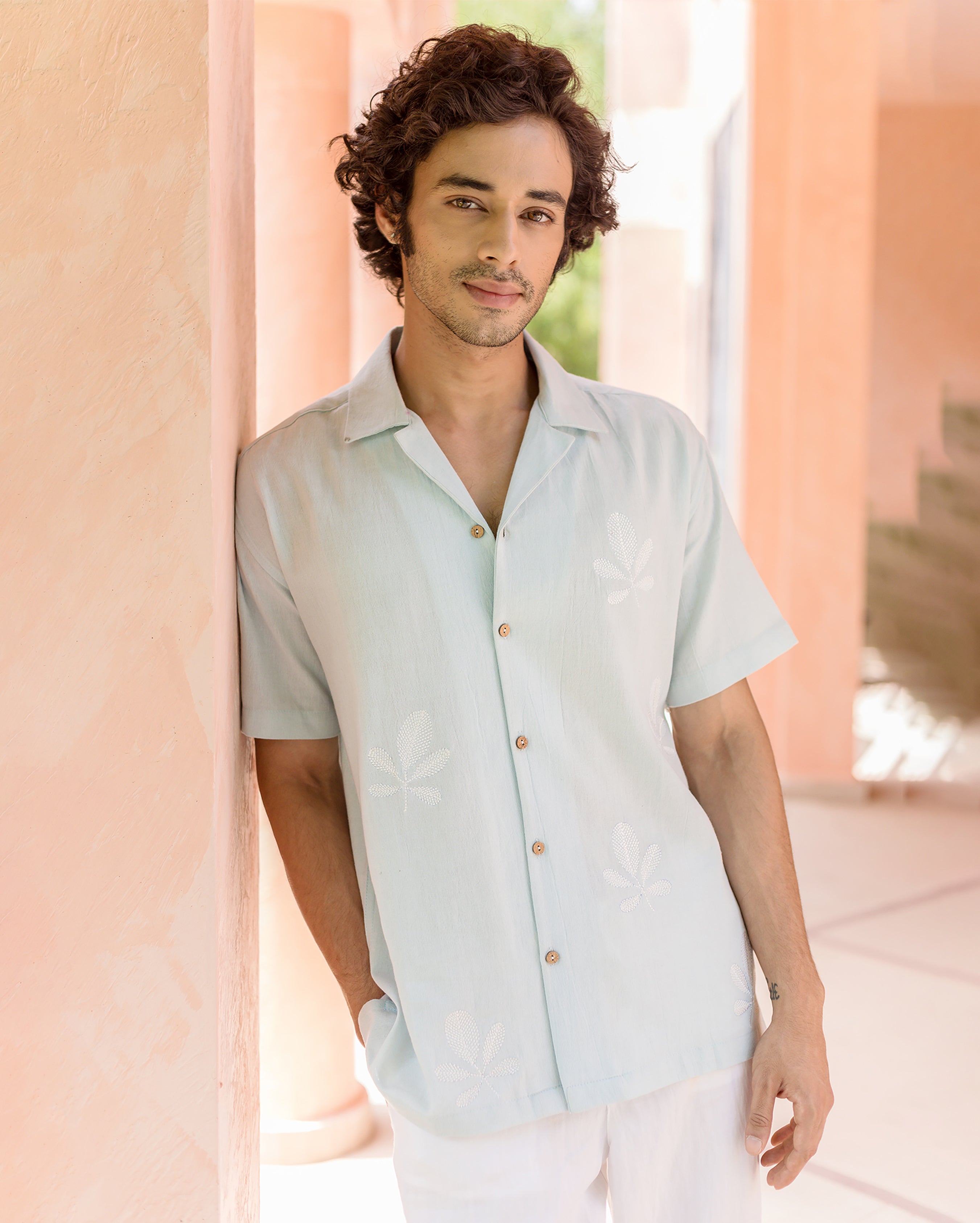 Niko Pastel Blue Embroidered Slub Shirt