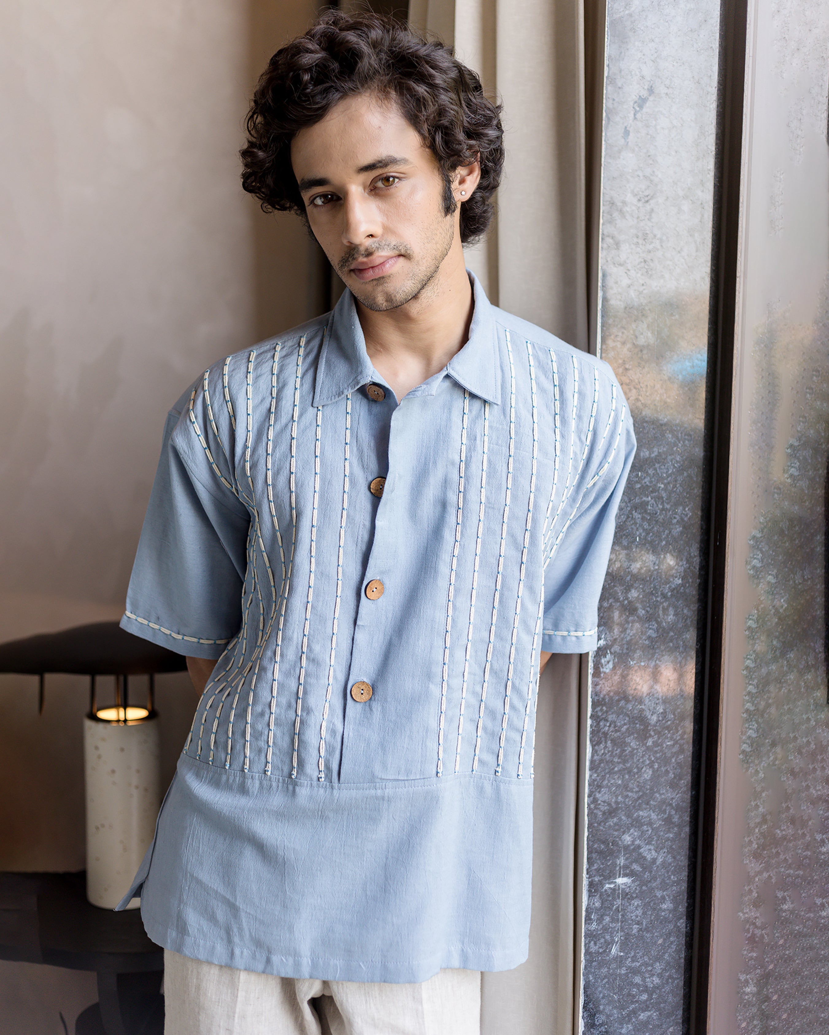 Tate Blue Embroidered Slub Shirt