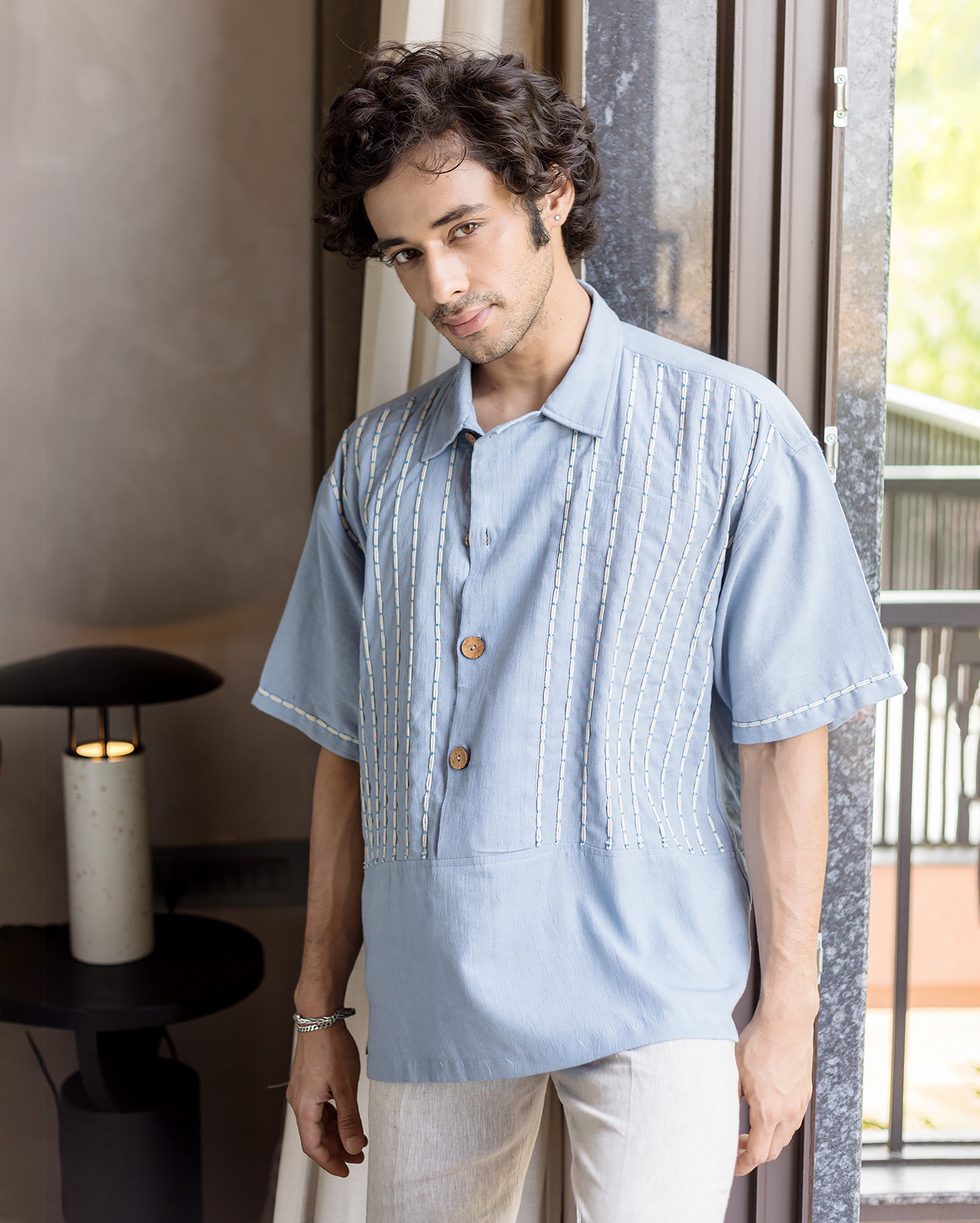 Tate Blue Embroidered Slub Shirt