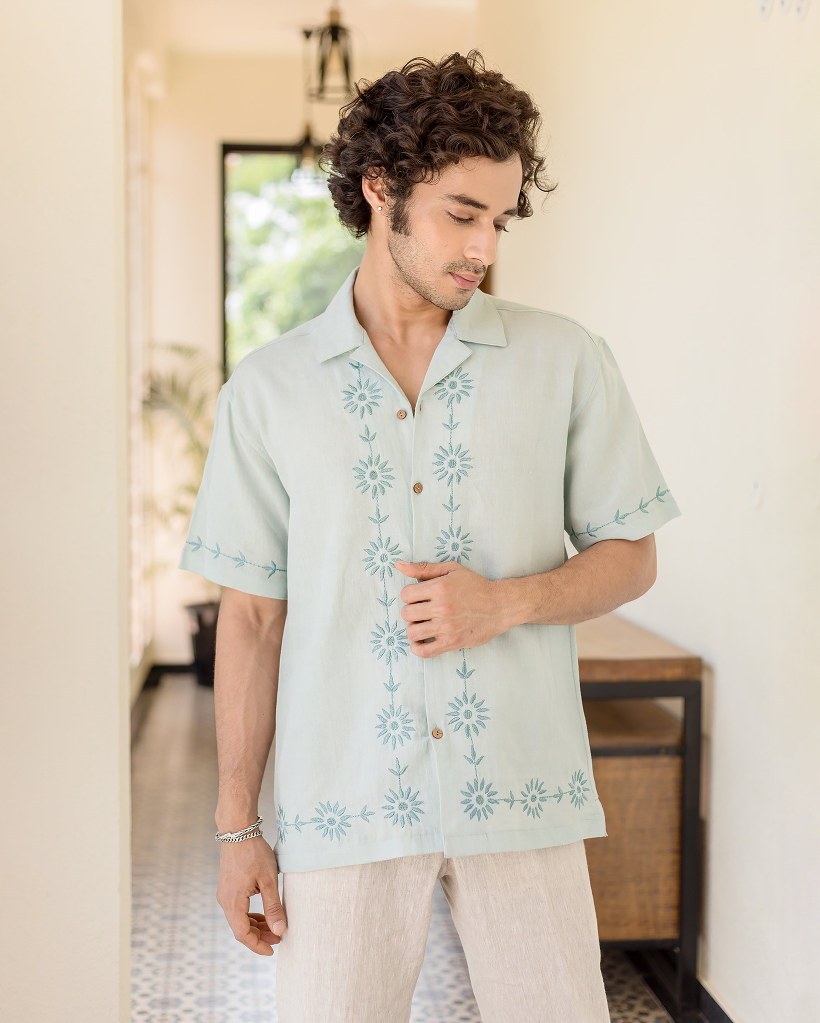 Drip Pastel Blue Embroidered Linen Shirt
