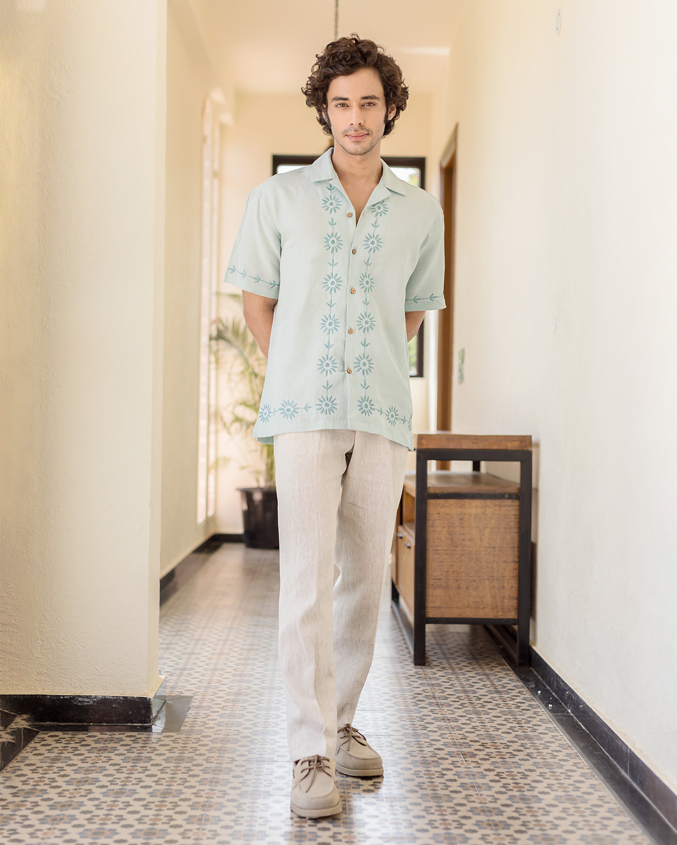 Drip Pastel Blue Embroidered Linen Shirt