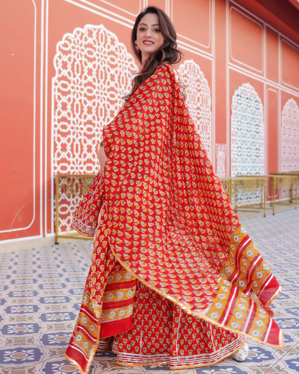 Red Salsa Handblock Sharara Set