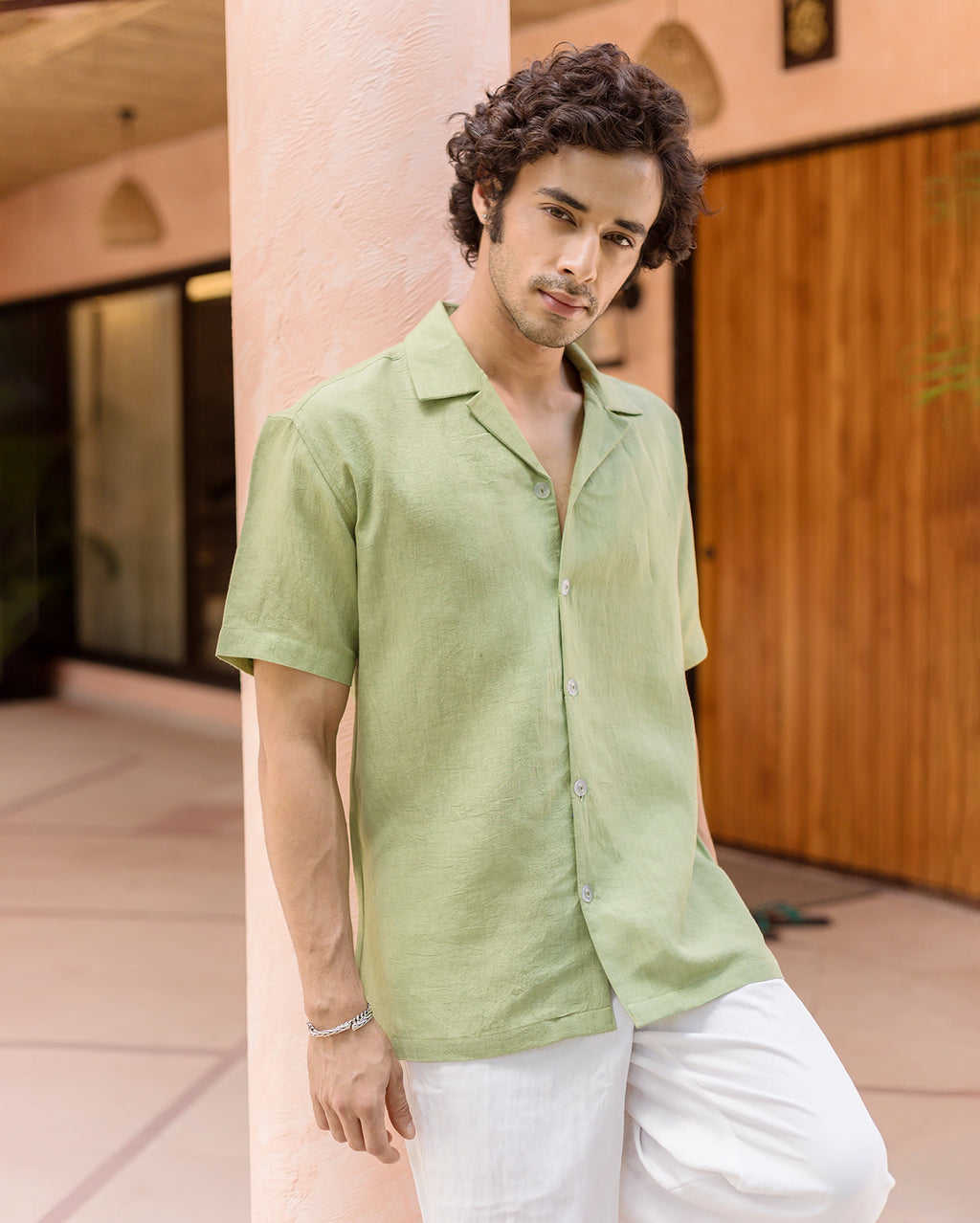 Marlo Pistachio Green Linen Solid Shirt