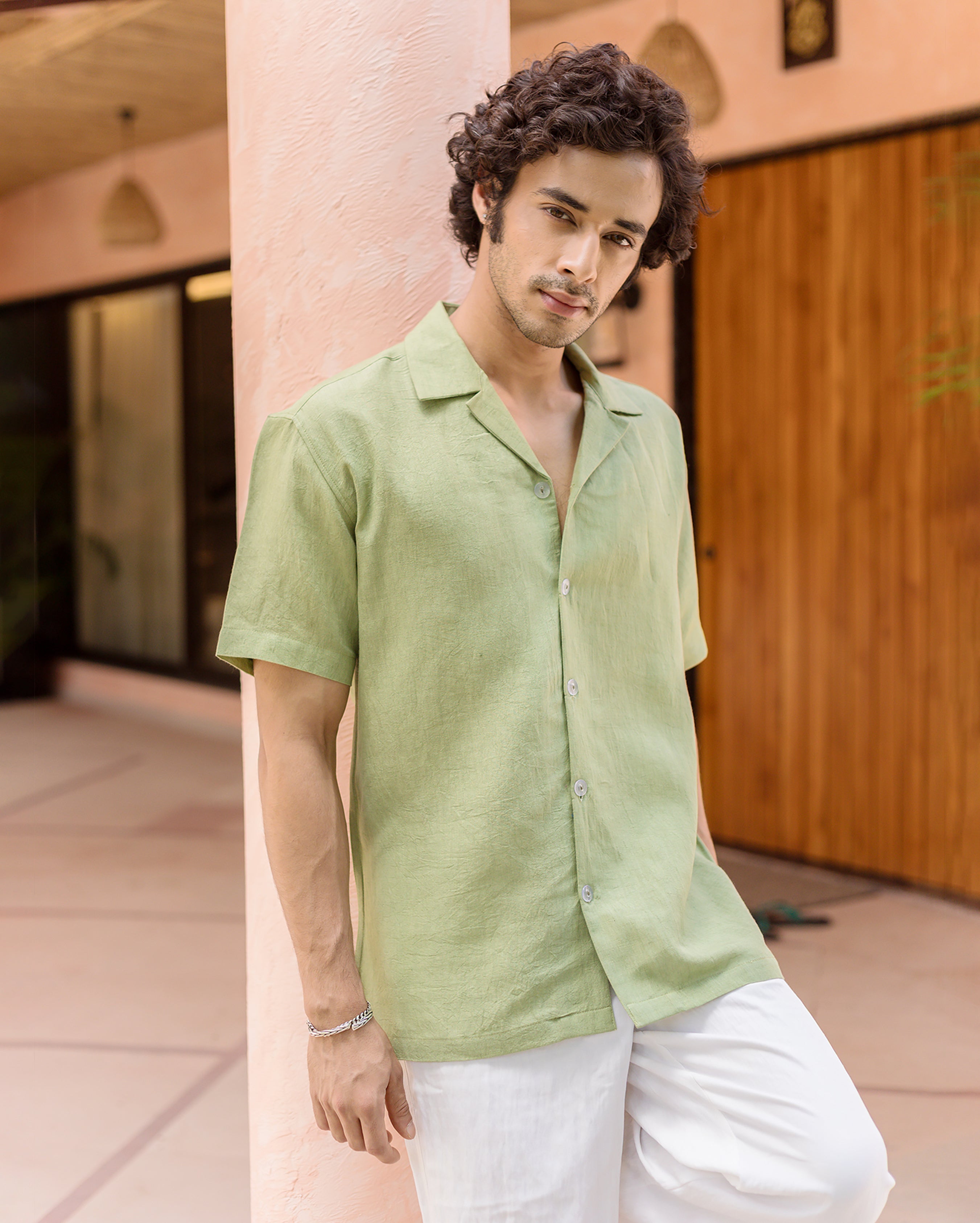 Marlo Pistachio Green Linen Solid Shirt